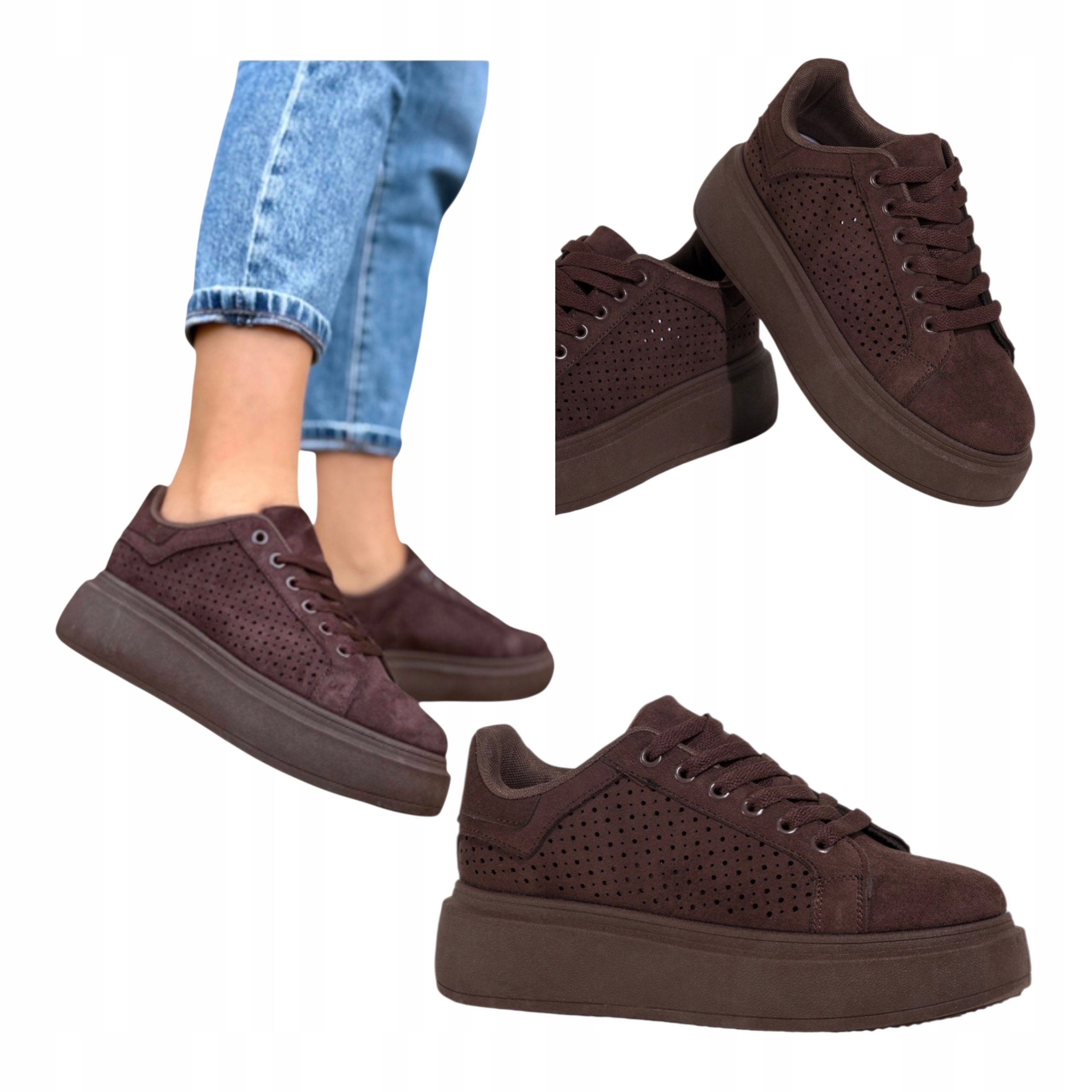 Dámské kožené semišové tenisky na platformě ažurové, čokoládové, velikost 38