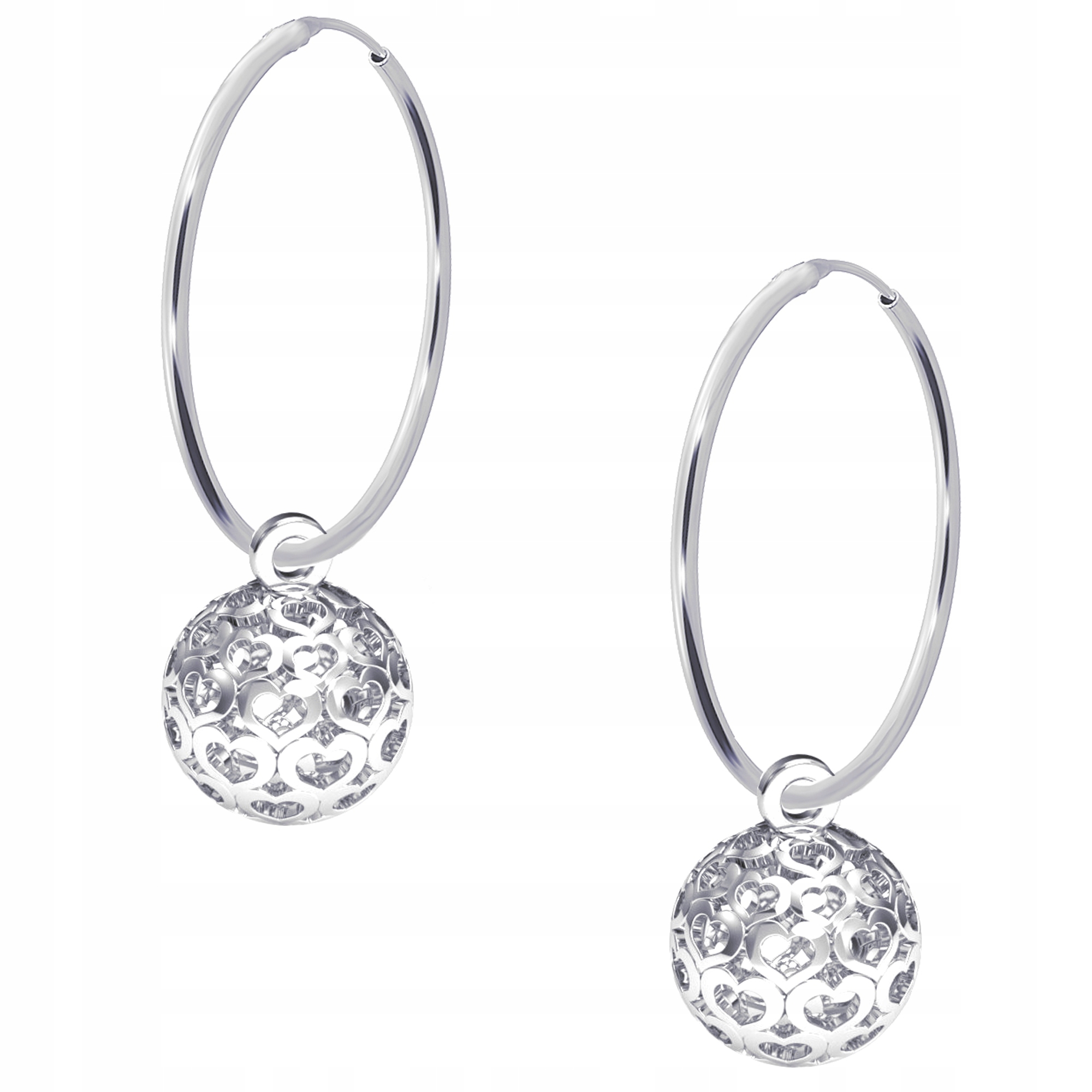 Stříbrné náušnice velké kruhy Ažurová koule v srdcích Stříbro ryzost 925
