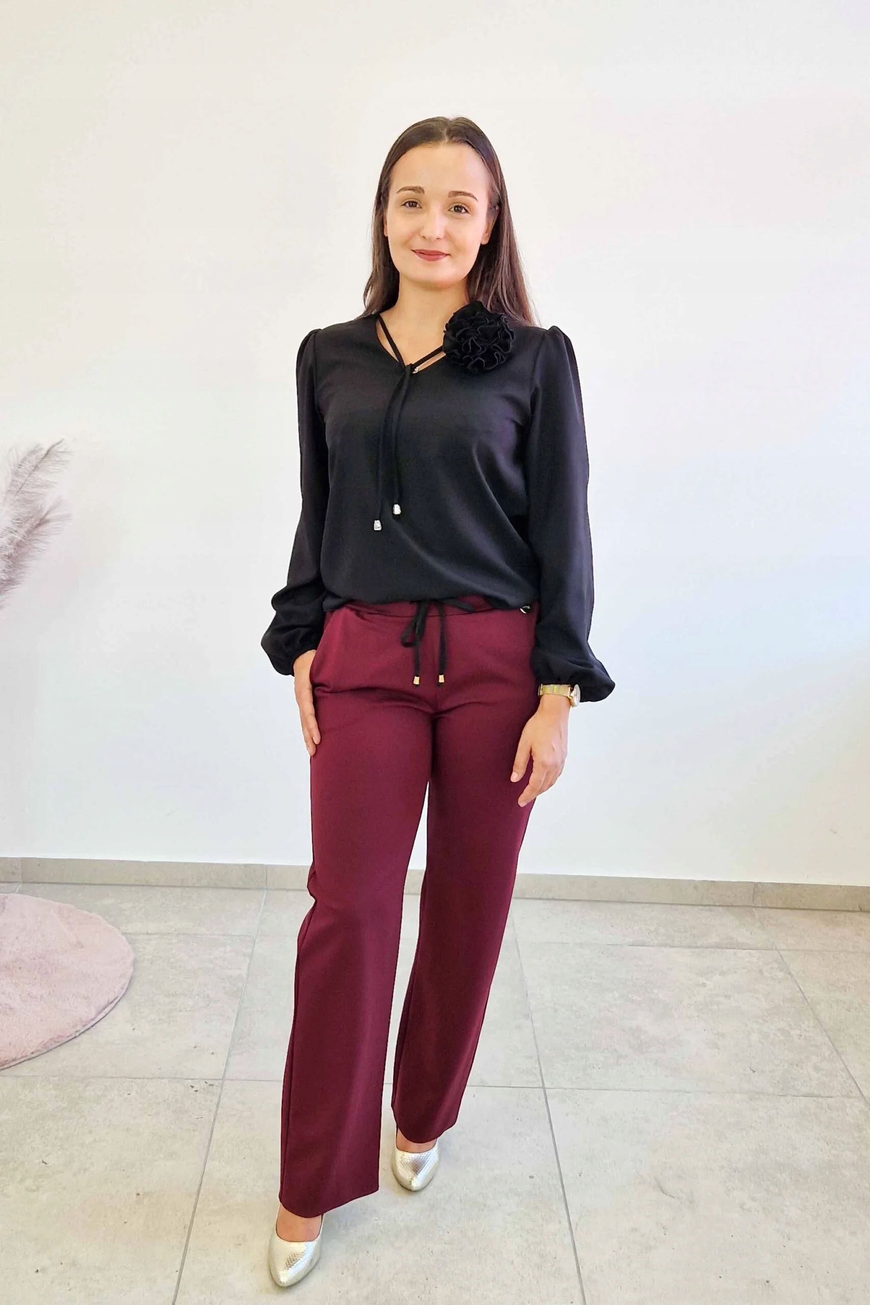 Simili Dámské kalhoty Jednoduchá nohavička Bordové 3