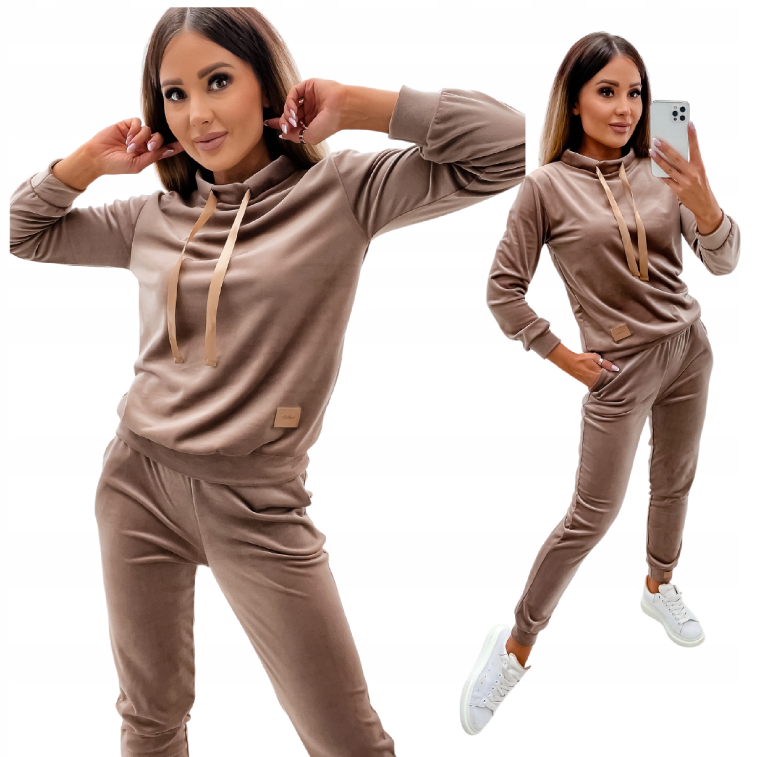 Dres Welurowy Damski Komplet Premium Bluza Spodnie Wysoki Stan Cappuccino M