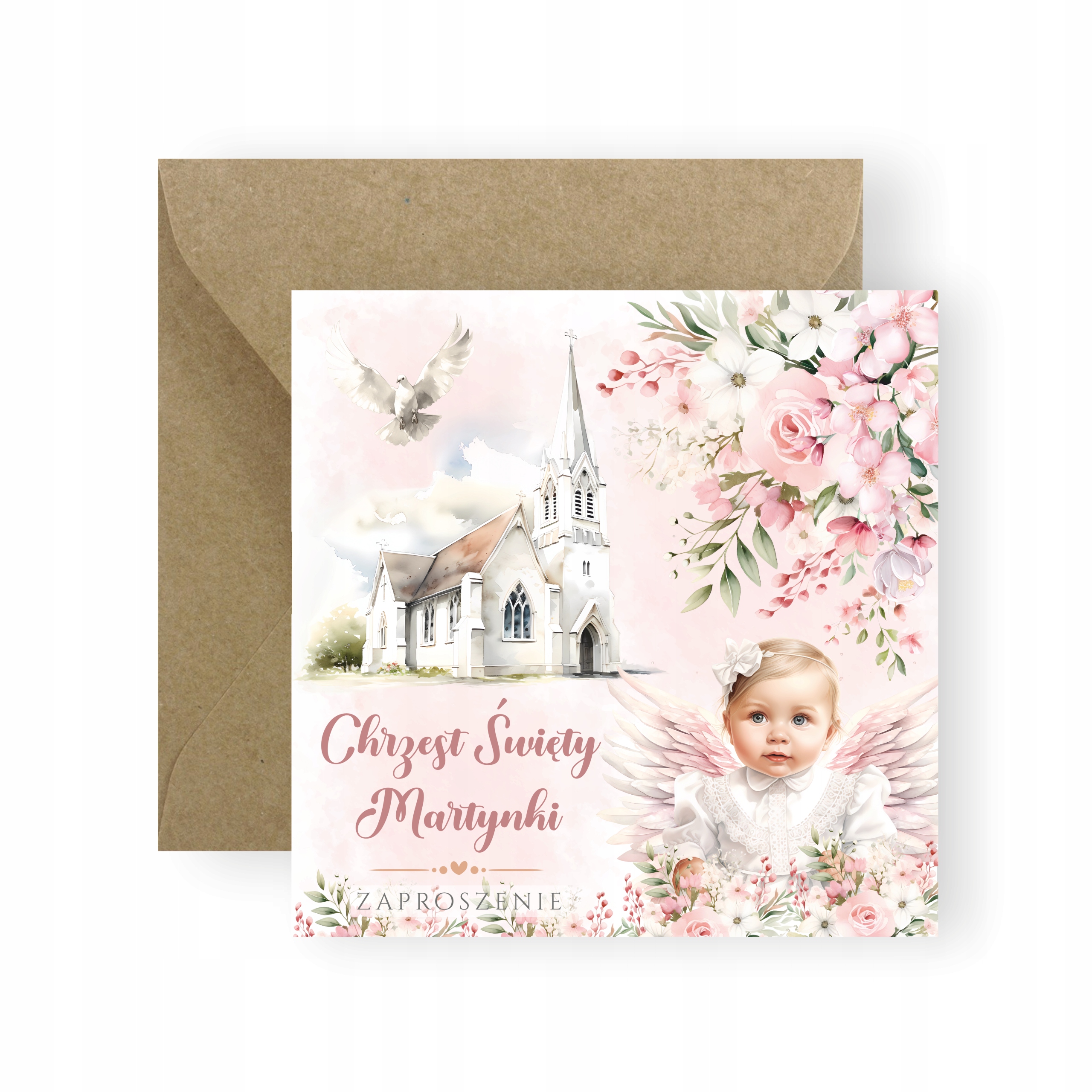 ZAPROSZENIA NA CHRZEST DLA DZIEWCZYNKI + IMIĘ + KOPERTA ANIOŁEK DZIDZIUŚ