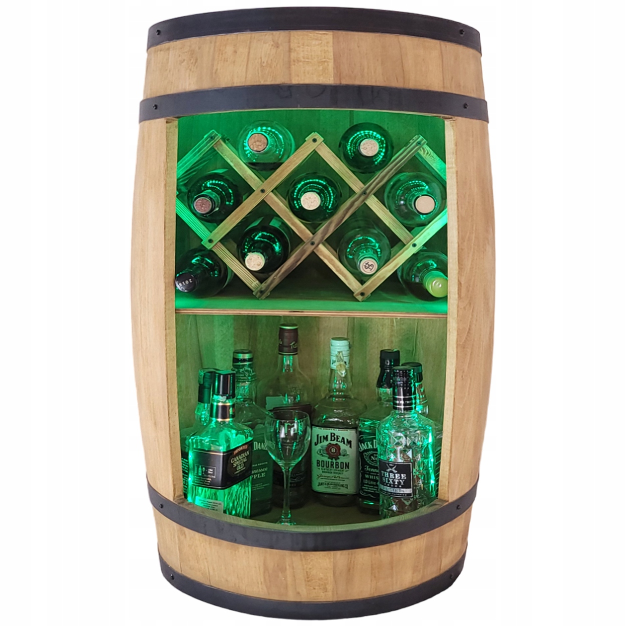 Beczka barek LED RGB ze stojakiem wino JASNY DĄB