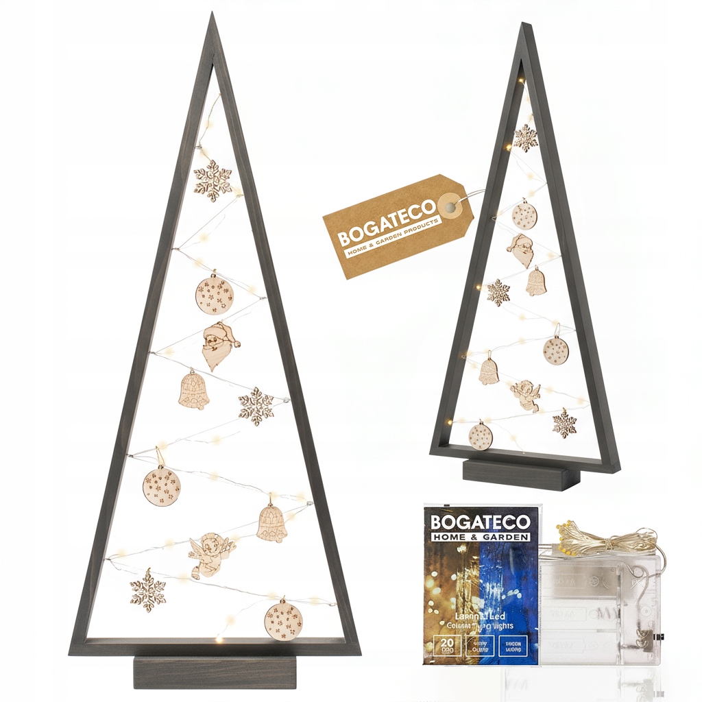 Dřevěný Vánoční Stromek 104 cm Stojící Ozdobný Led S Ozdobami Šedý