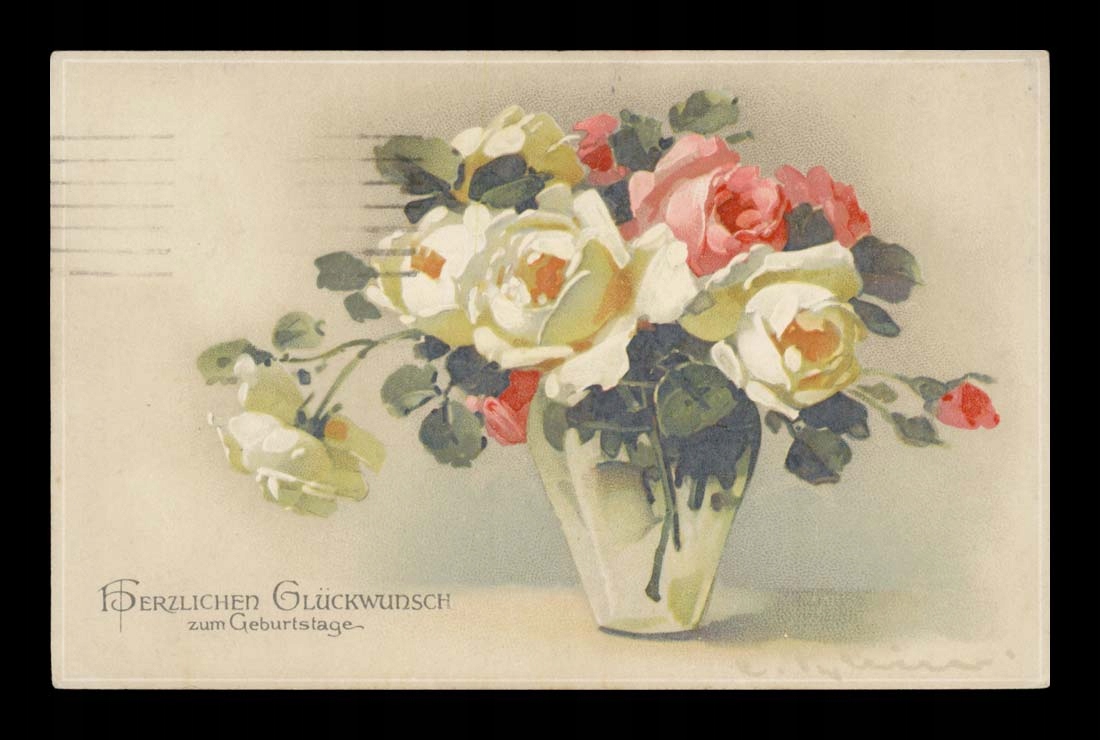 C. KLEIN - - BUKIET RÓŻ W WAZONIE - KWIATY - 1917 R.