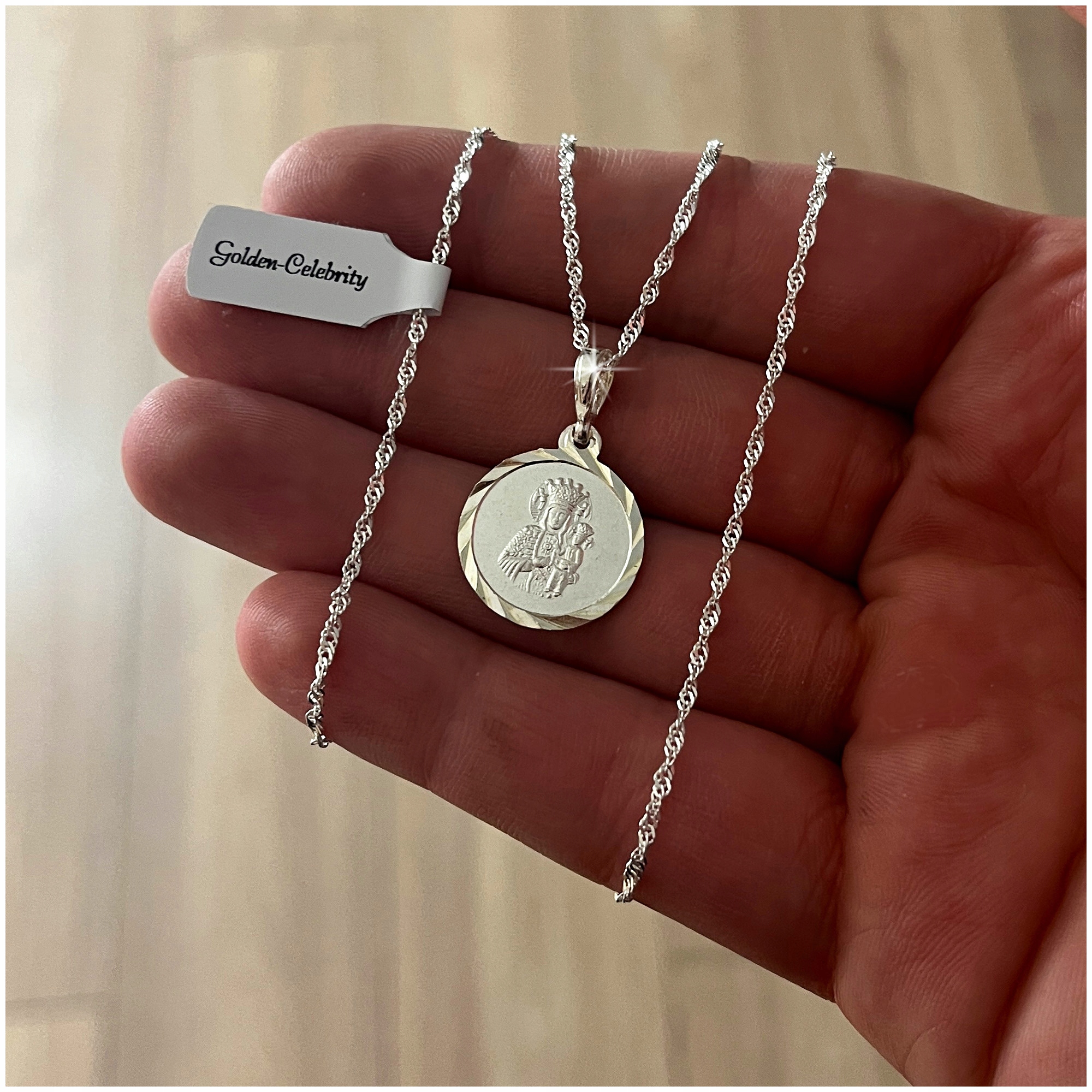 SREBRNY ŁAŃCUSZEK SINGAPUR + MEDALIK 925 MATKA BOSKA CZĘSTOCHOWSKA + GRAWER Kod producenta łańcuszek komunijny dla niej dziewczynki 925