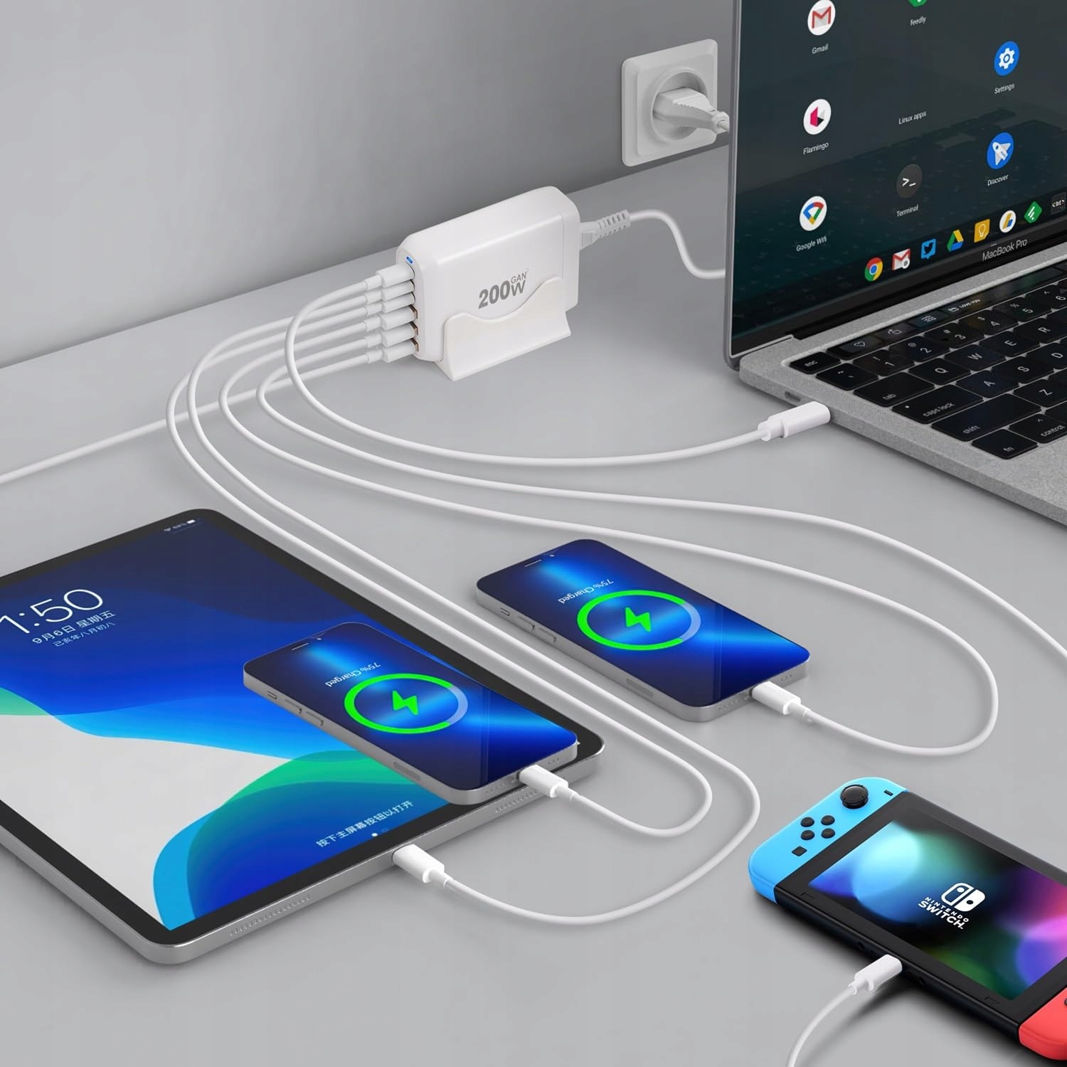 QUTIASE 6-Port 200W Fast USB C Charger for iPhone iPad MacBook Laptop — miniatura 6