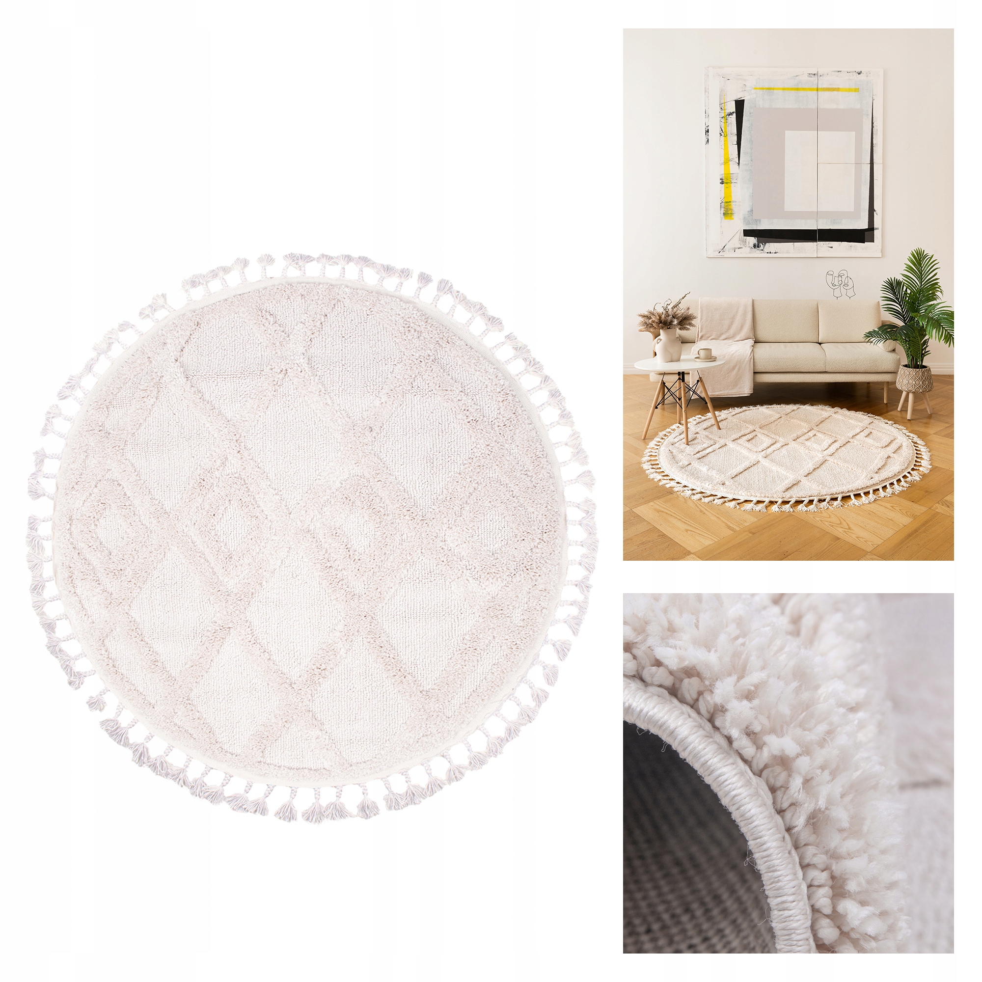 Okrúhly Koberec Do Obývačky Okrúhly 133X133 Béžový S Strapcami