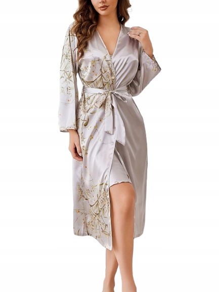 Dlouhý Saténový Župan Stříbrný Šedý Saténový Župan M