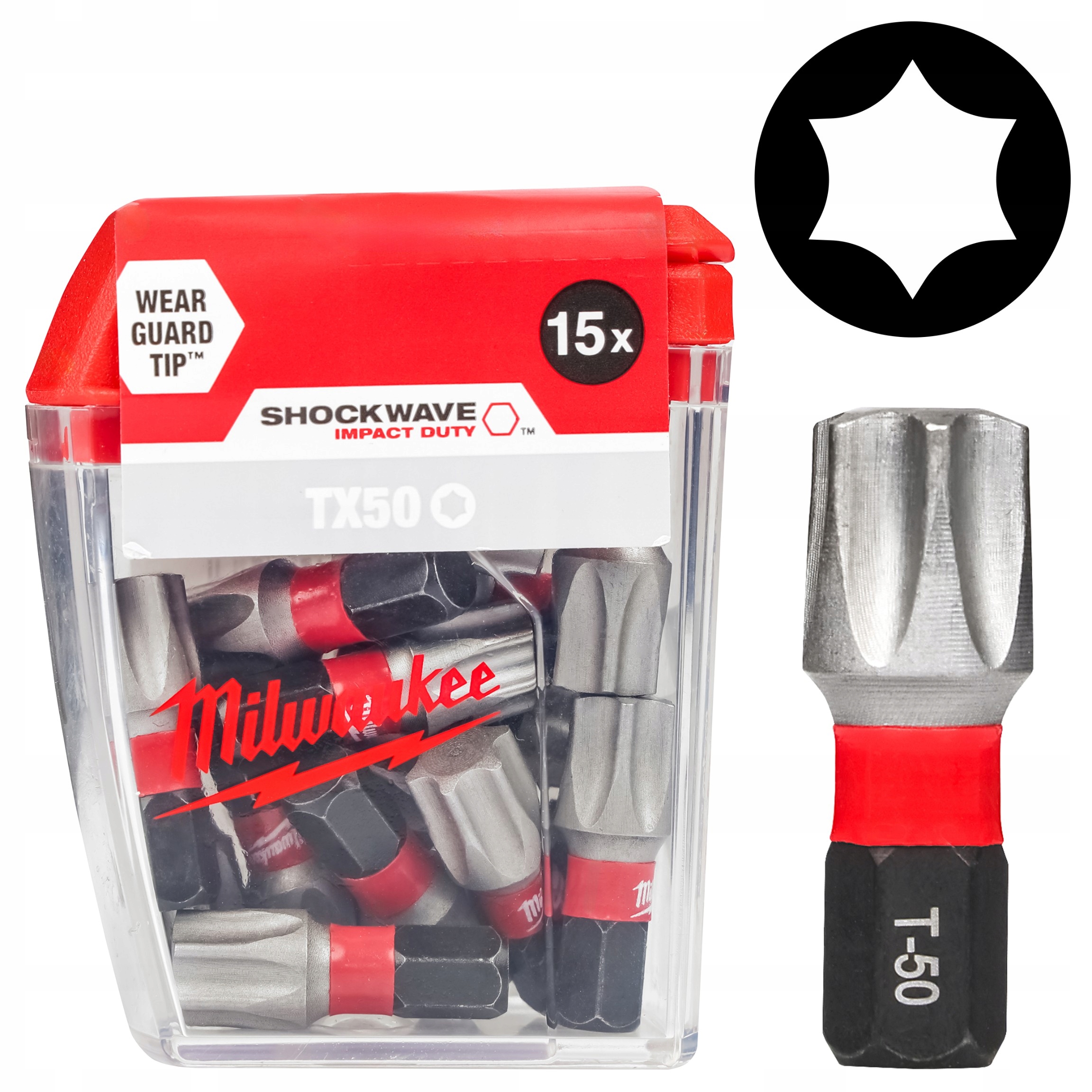 Bity udarowe Milwaukee Torx TX50, 25 mm 15 szt. Shockwave do zakrętarki