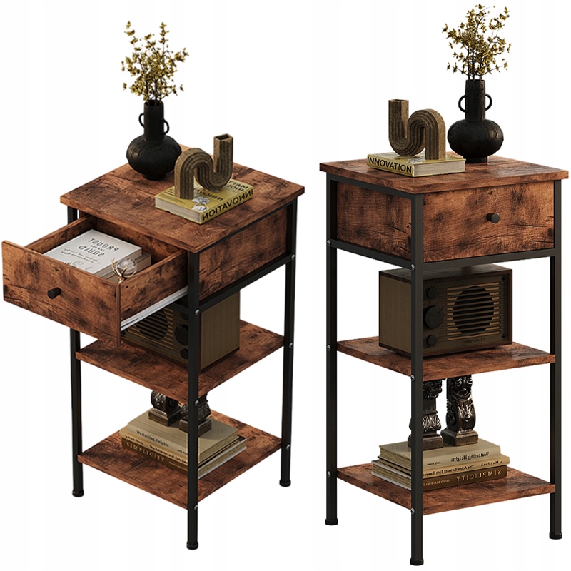 Noční Stolek Komoda Skříňka Zásuvkou Retro Police Hnědý Industriální Loft