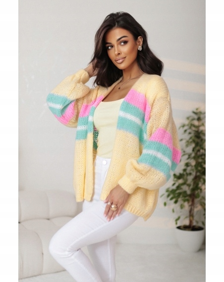 Dámský kardigan Oversize Vlna Akryl Žlutý Módní Svetr Přehoz Pásy