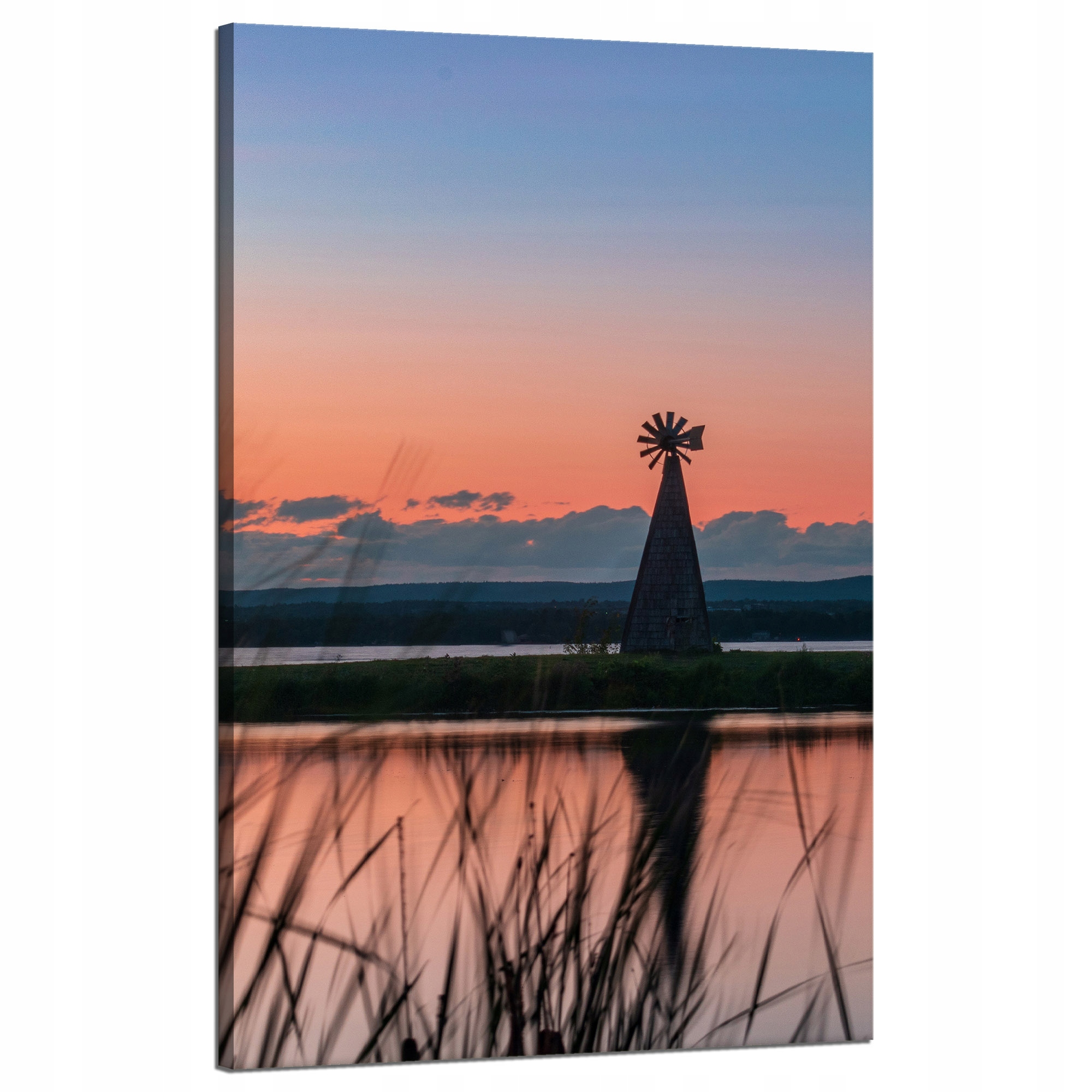Obraz na plátně Větrný mlýn Nebe Příroda Západ Slunce Jezero Tráva 50x80