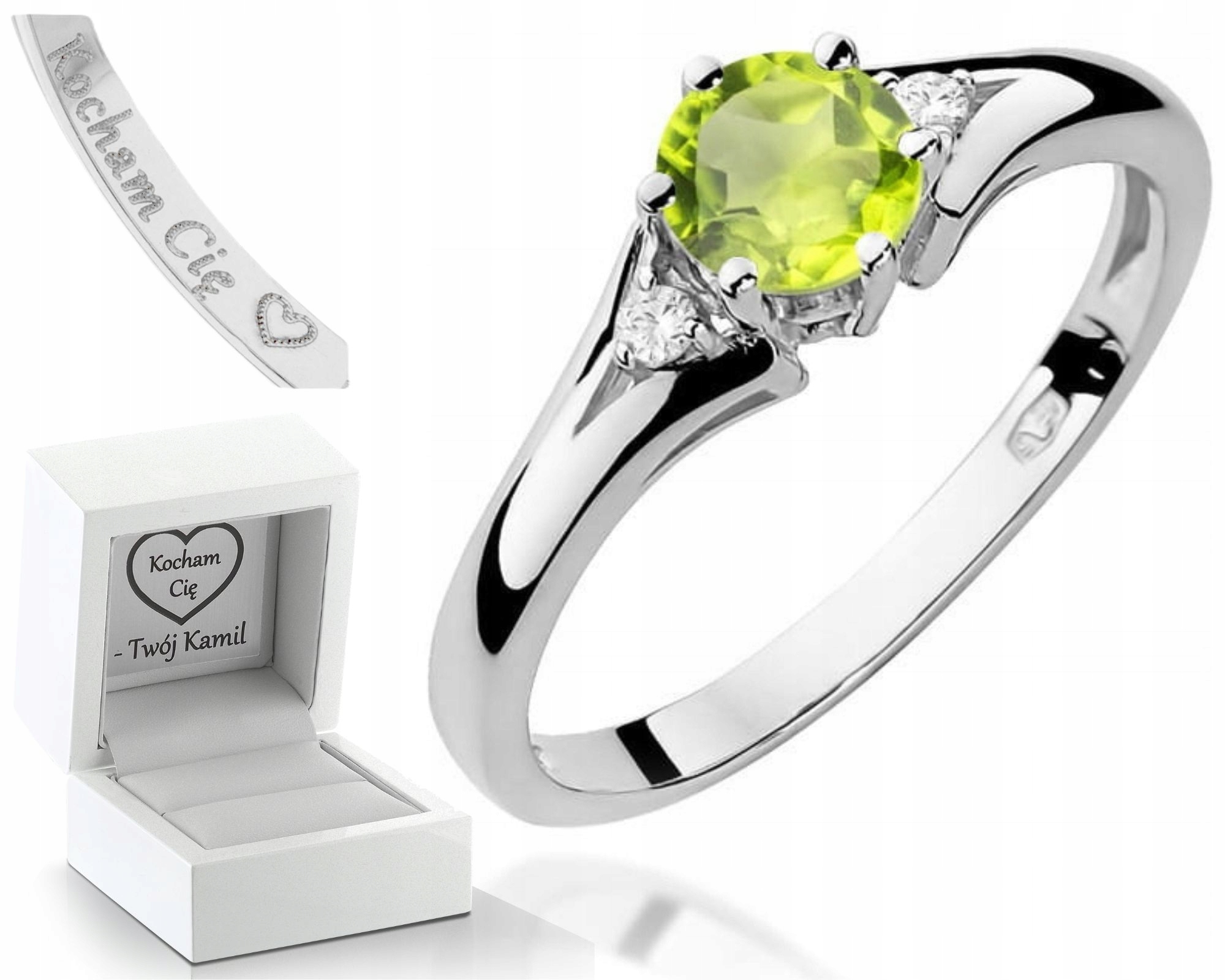 Bílý Zlatý Prstýnek S Přírodním Kamenem Olivín 585 Gravírování Dárek