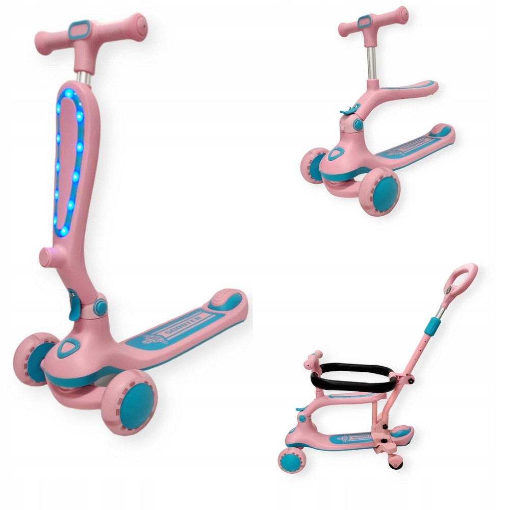 Hulajnoga trójkołowa balans Różowa jeździk Led 3w1 prowadzenie 360 stopni