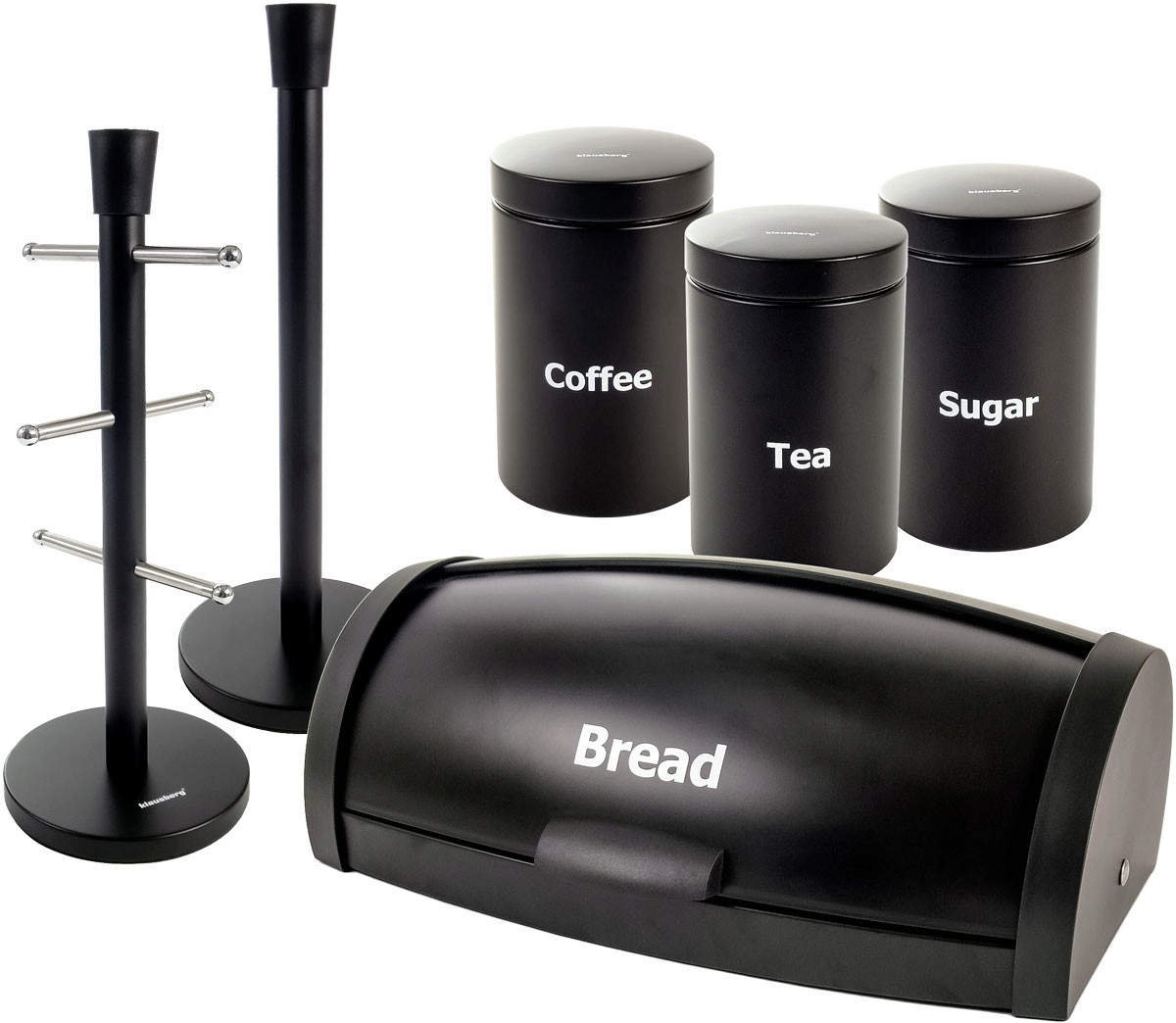 ZESTAW CHLEBAK METALOWY POJEMNIKI STOJAK KUBKI