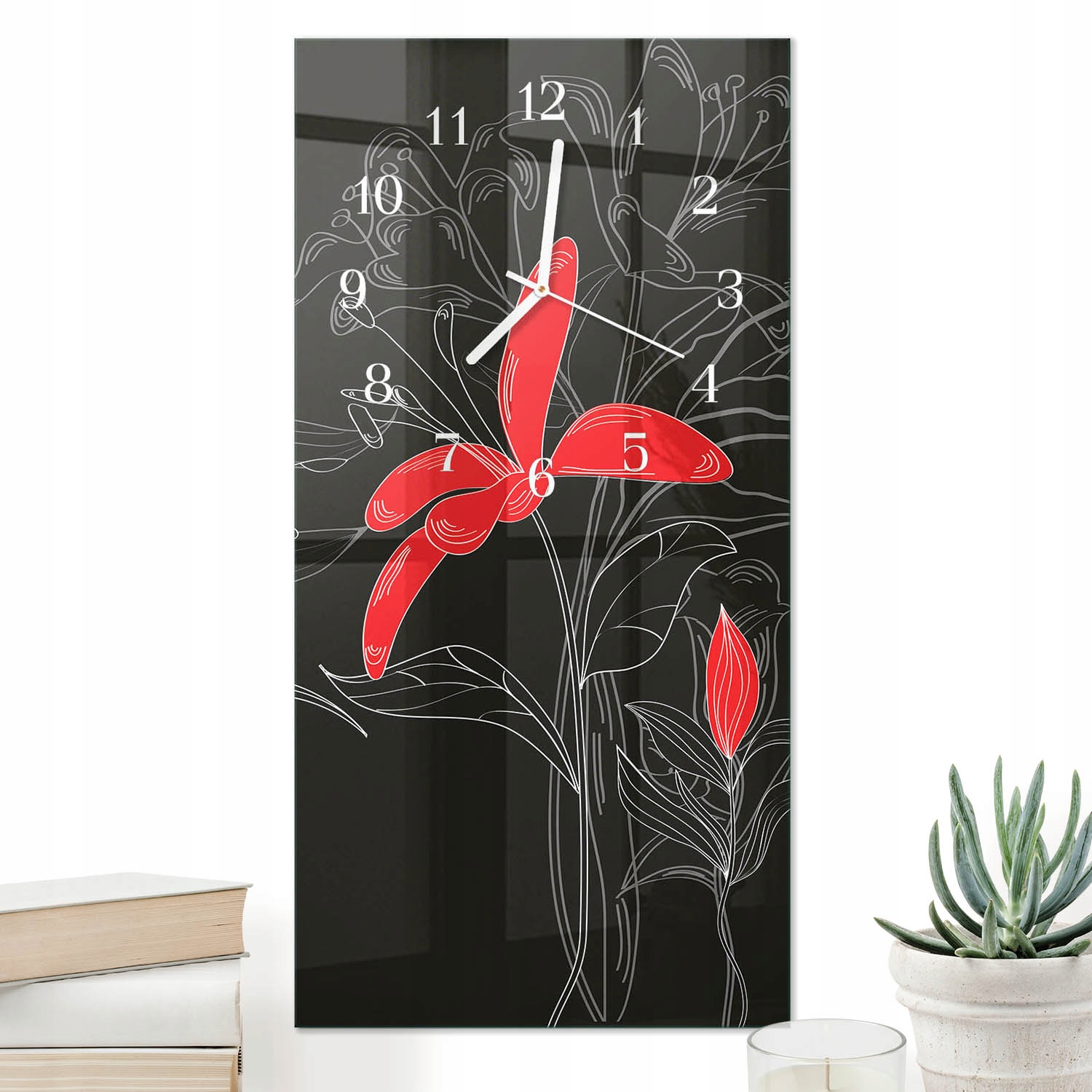 Závěsný vertikální hodinový stroj 30x60 cm skleněný s stylovým potiskem Květiny
