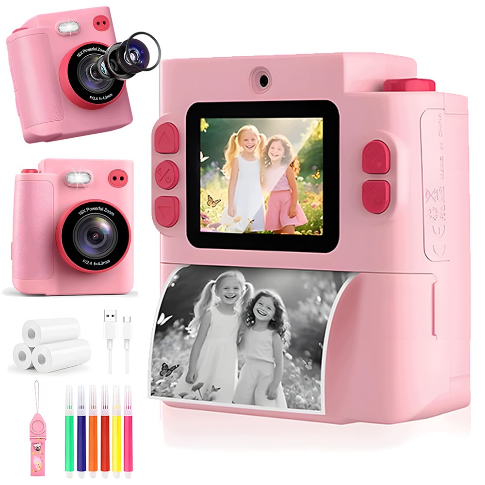 Instantní Fotoaparát Pro Děti Růžový Termální Tisk 16X Zoom 1300MAH