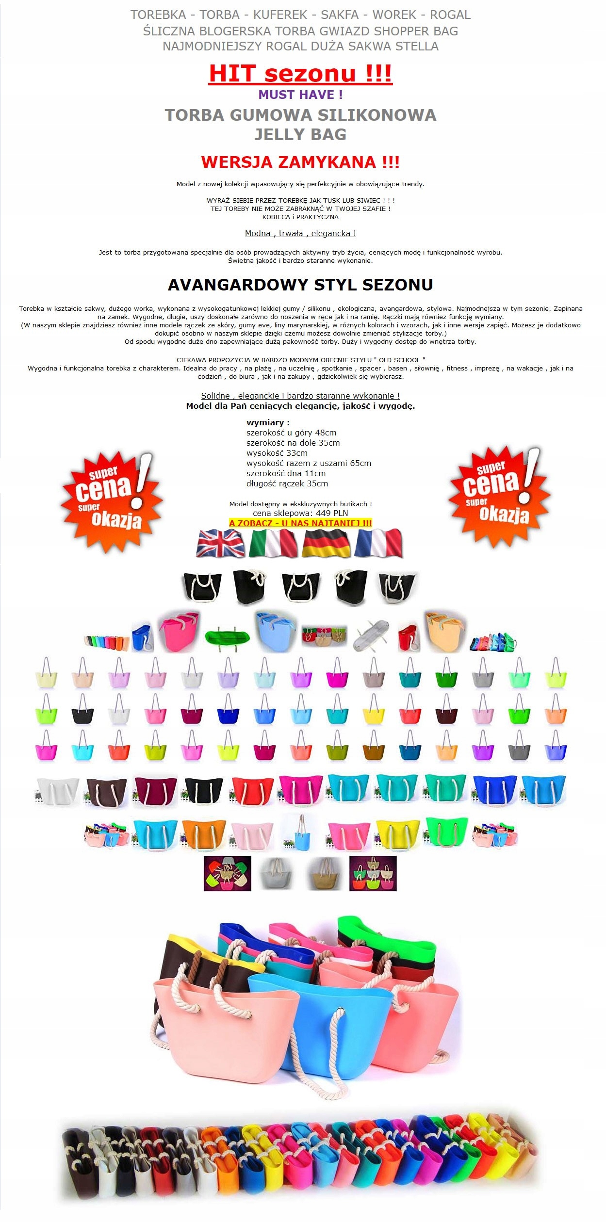 O TORBA GUMOWA TOREBKA HOBO JELLY SHOPPER BAG TGLB Marka bez marki