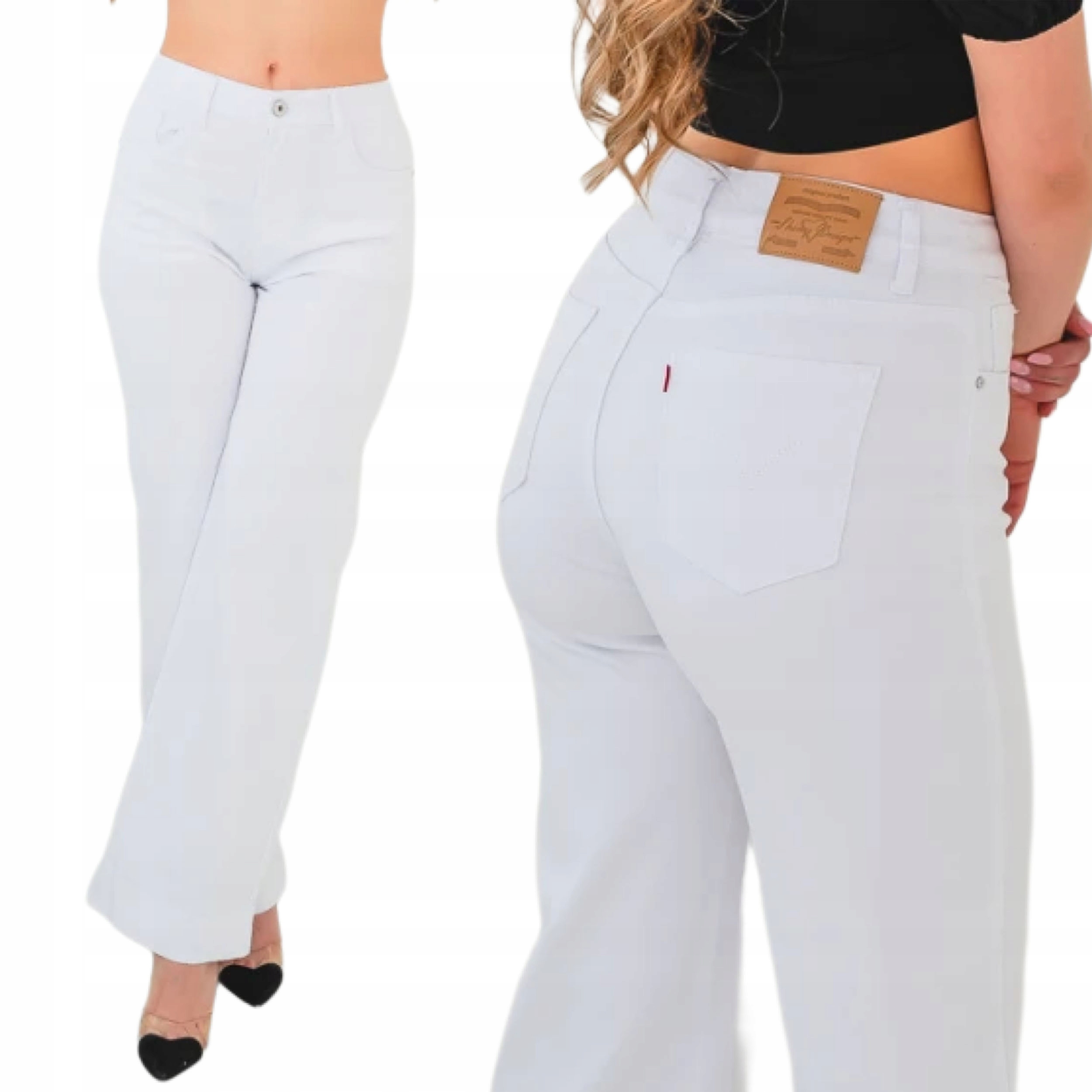 Damskie spodnie jansowe białe szerokie Wide Leg wysoki stan modelujące XL