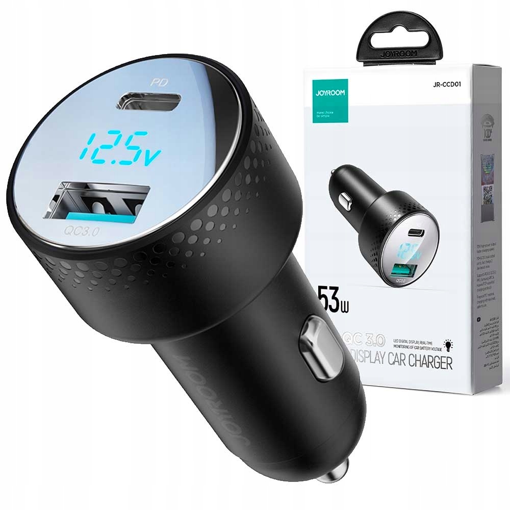 ŁADOWARKA SAMOCHODOWA 53W JOYROOM Z WOLTOMIERZEM LED 2 PORTY (USB C, USB-A)