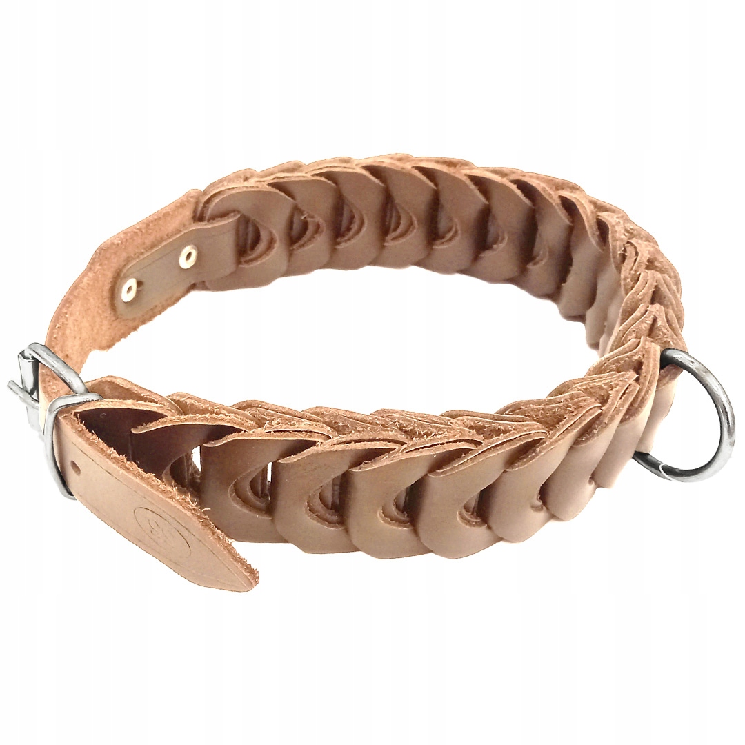 Levně Kožený obojek pro psa s výpletem 46-51 cm béžový Polský Výrobce