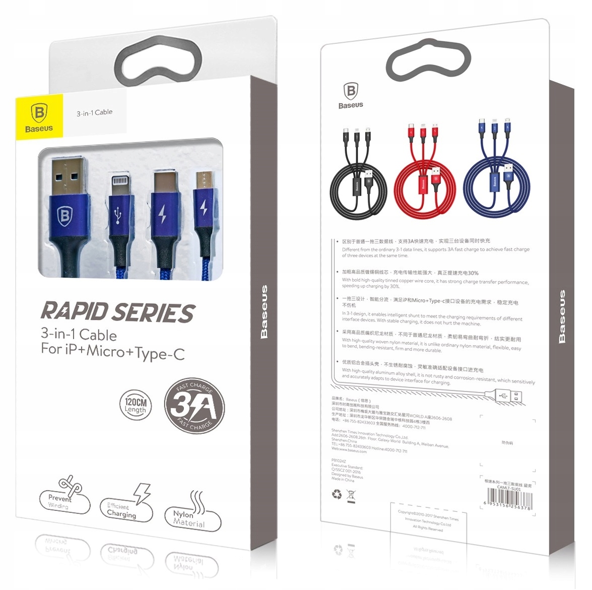 Baseus Kabel USB 3w1 do iPhone Micro Type-C 3A Stan opakowania uszkodzone