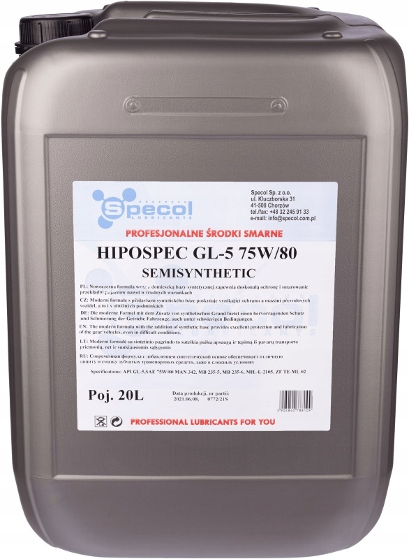OLEJ SPECOL 75W80 20L GL4/GL5 HIPOSPEC PÓŁSYNT. / PRZEKŁADNIOWY 75W80 GL5 2