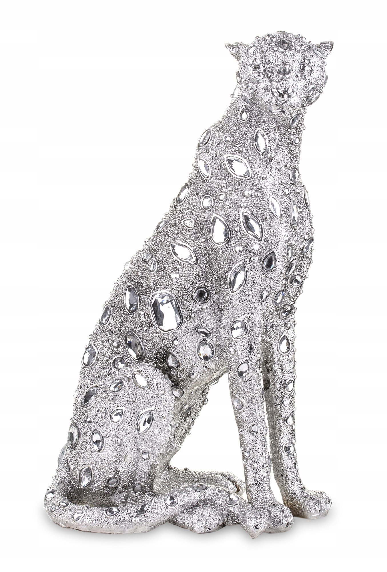 Figurka leoparda strieborný glamour s kryštálikmi dekorácia záhradný dom