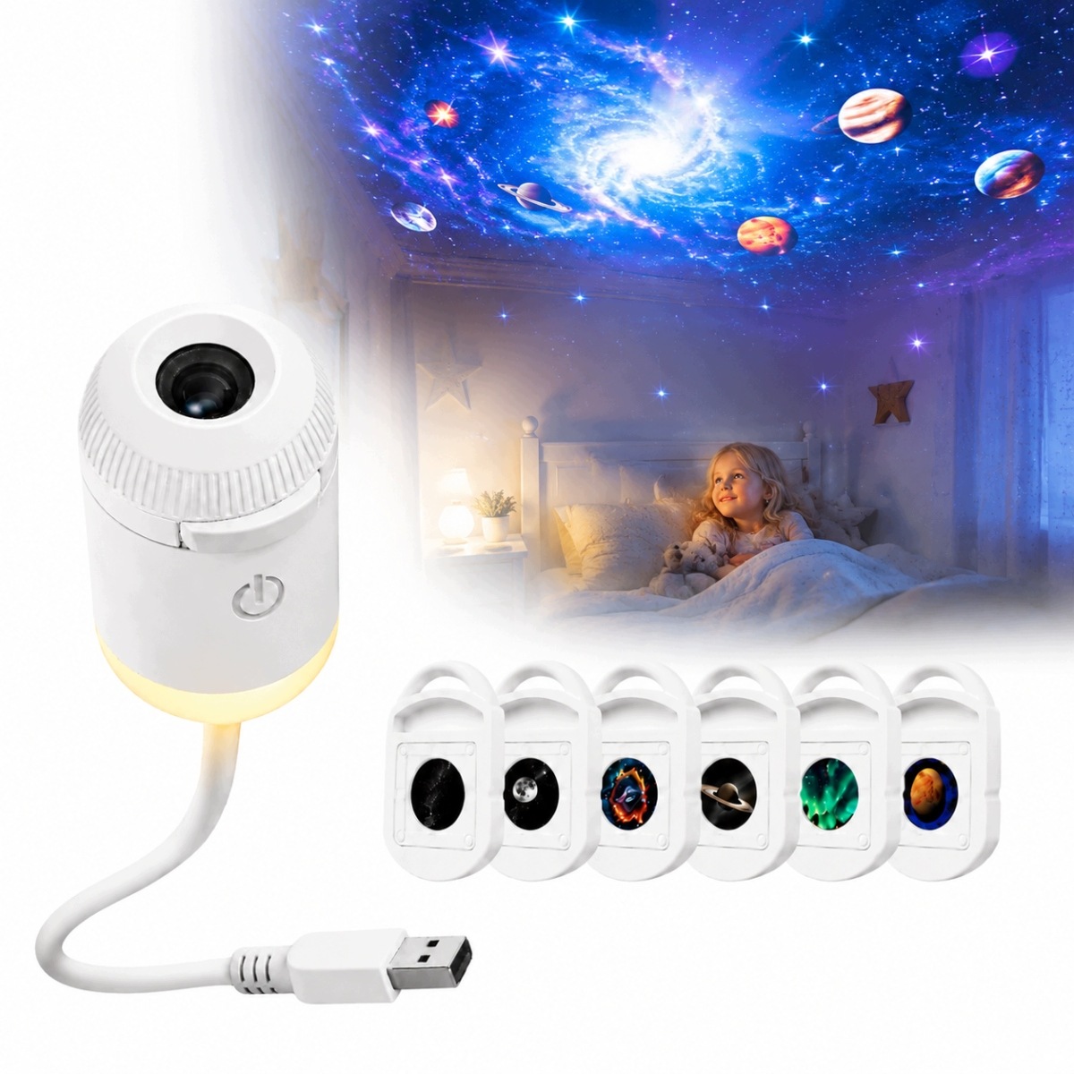 Lampka Nocna Led Projektor Gwiazd 2W1 Z 6 Filmami 360° Usb Biała
