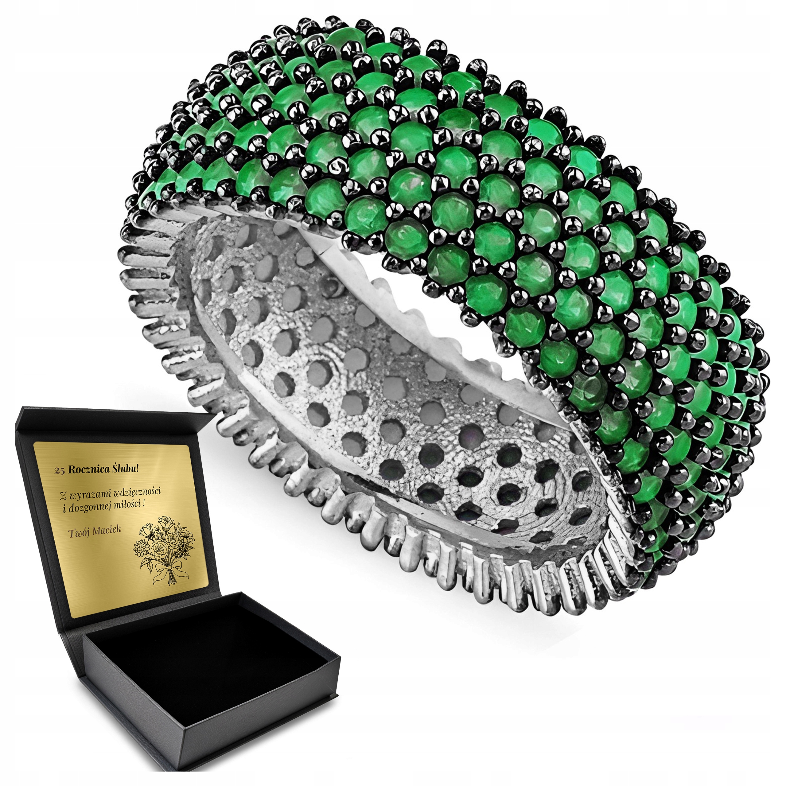 Široký stříbrný snubní Prstýnek se zelenými Zirkony pro ženy Gravírování