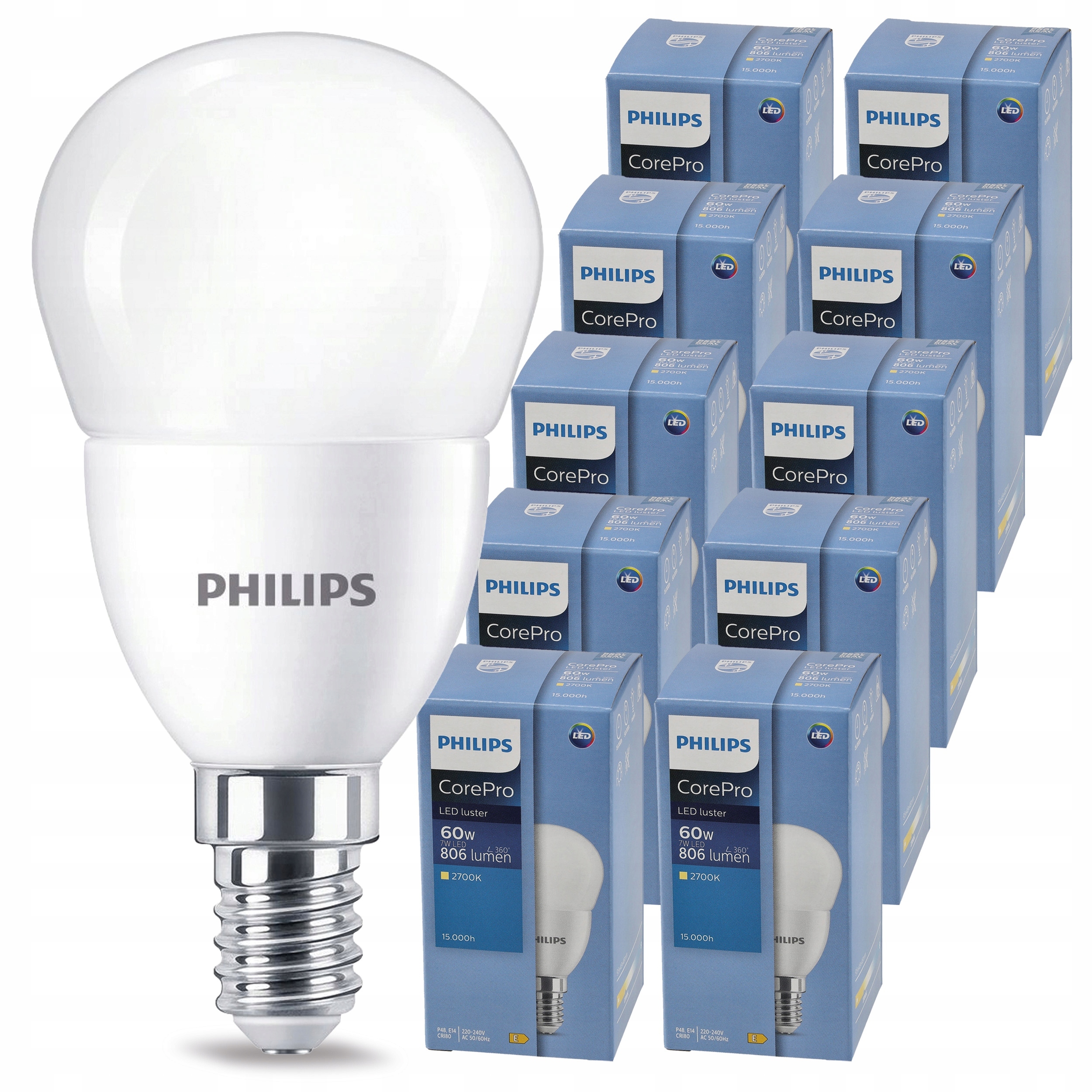 10x Led žárovka Philips E14 7W – Teplá Barva 2700K CorePro 230V Jasná