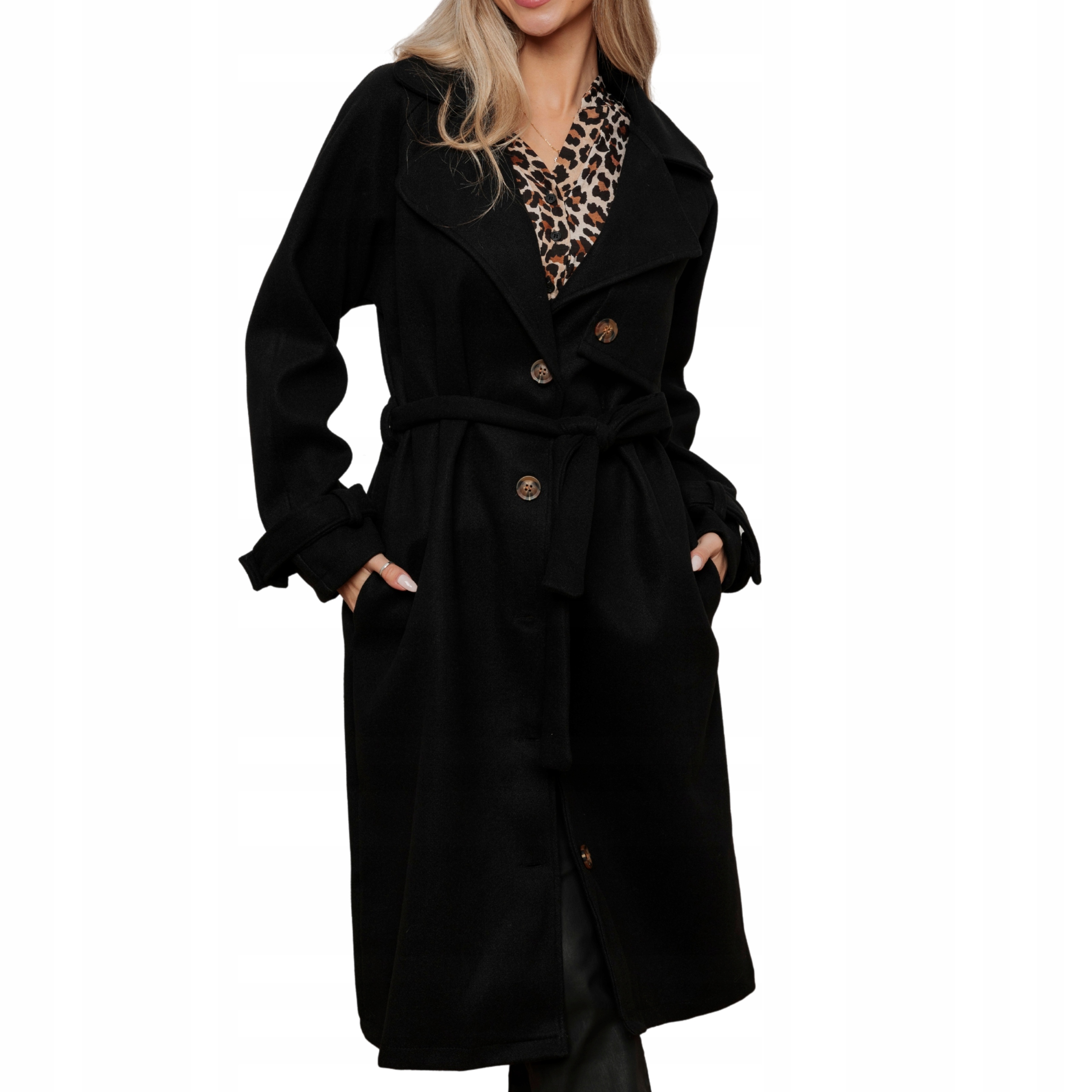 Płaszcz damski trencz jesienny zimowy długi klasyczny czarny L