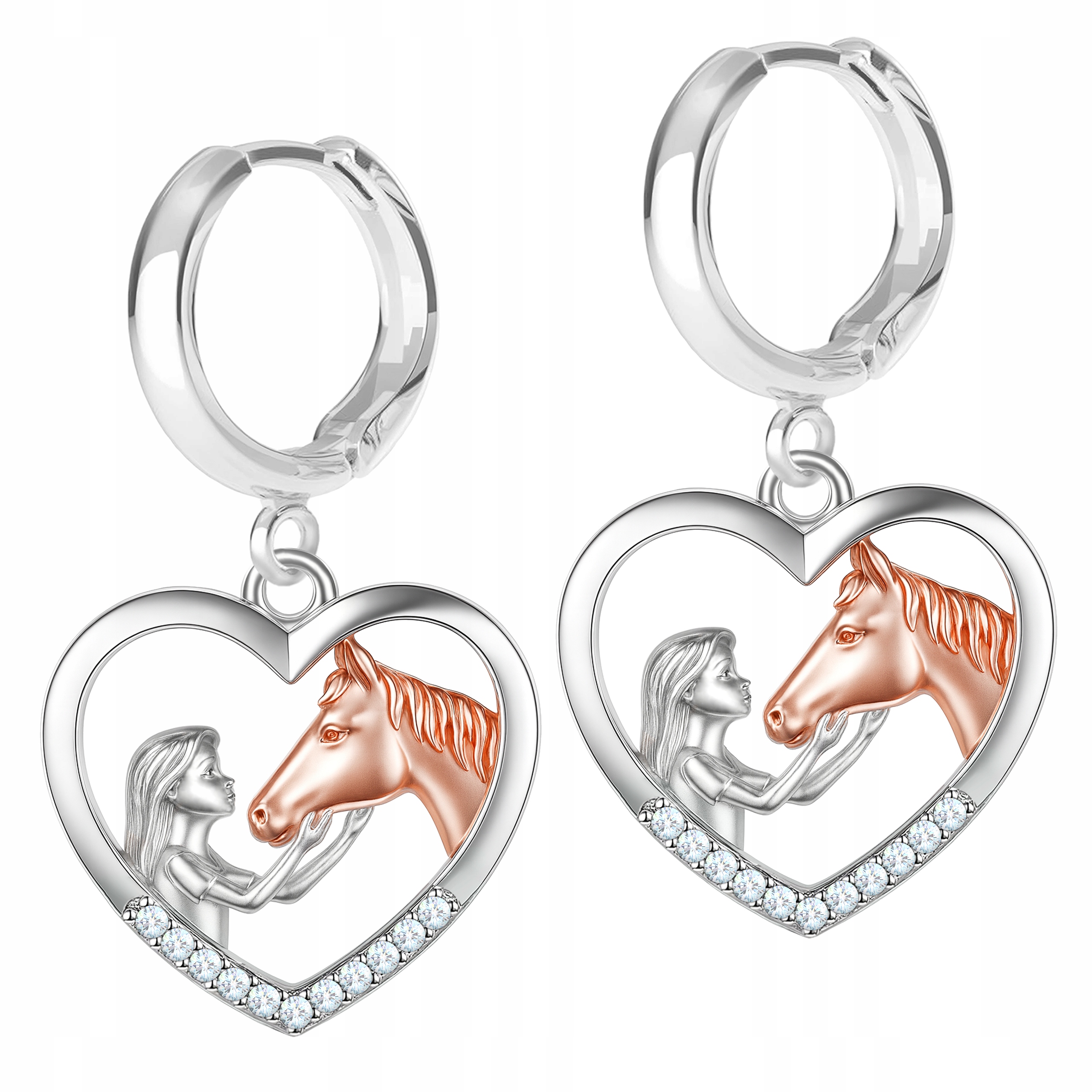 Kolczyki Srebrne Konie Serce Dziewczynka z Koniem Angielskie Zapięcie Koń