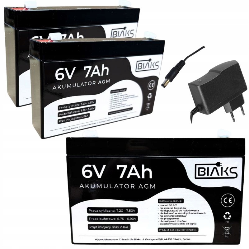 2x Akumulátor Agm 6V 7Ah Biaks (rozměr 7.2Ah) komplet nabíječka 6V DC Konektor
