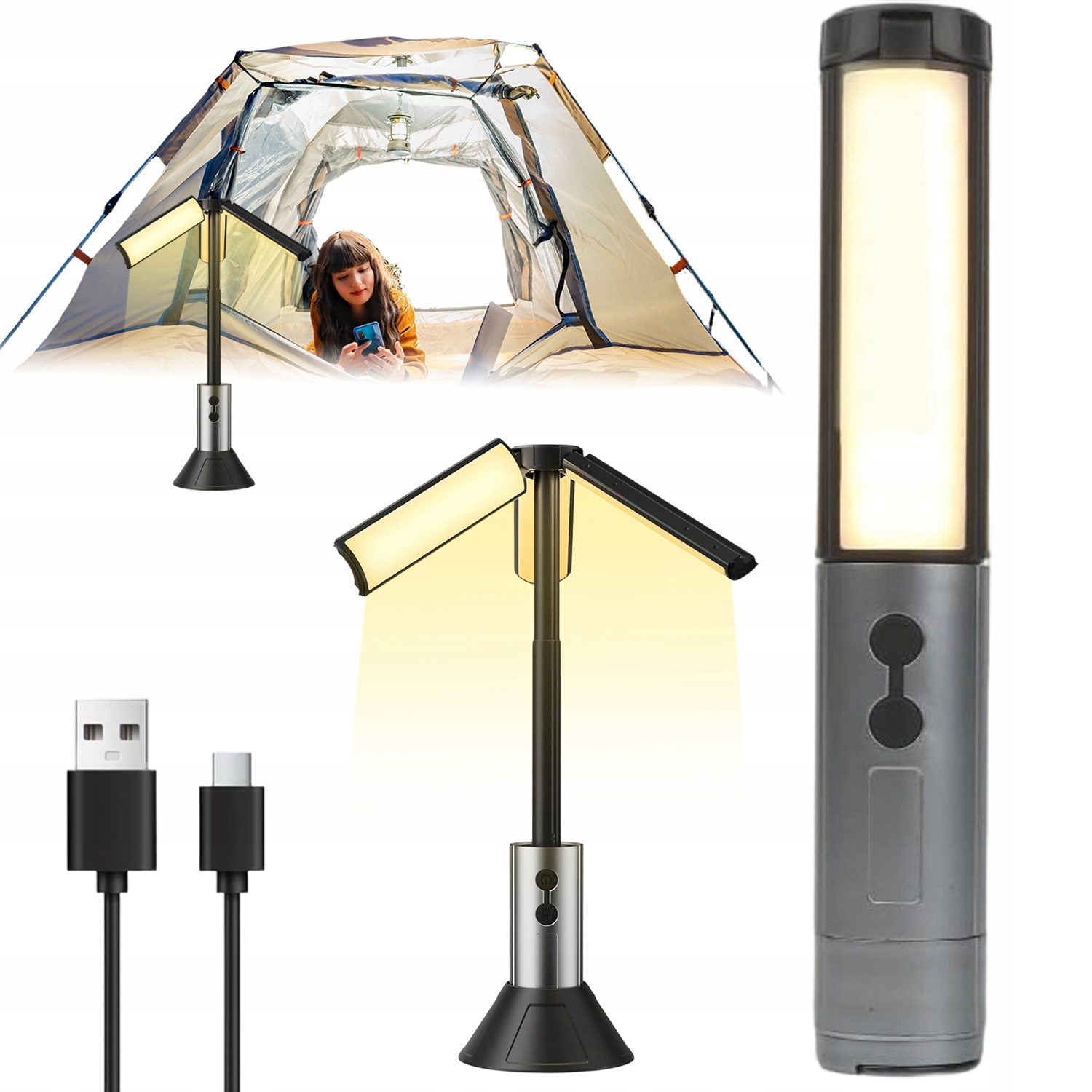 Przenośna Lampa Kempingowa Obrotowe Żarówki 270° 5 Trybów Flashlight IPX4