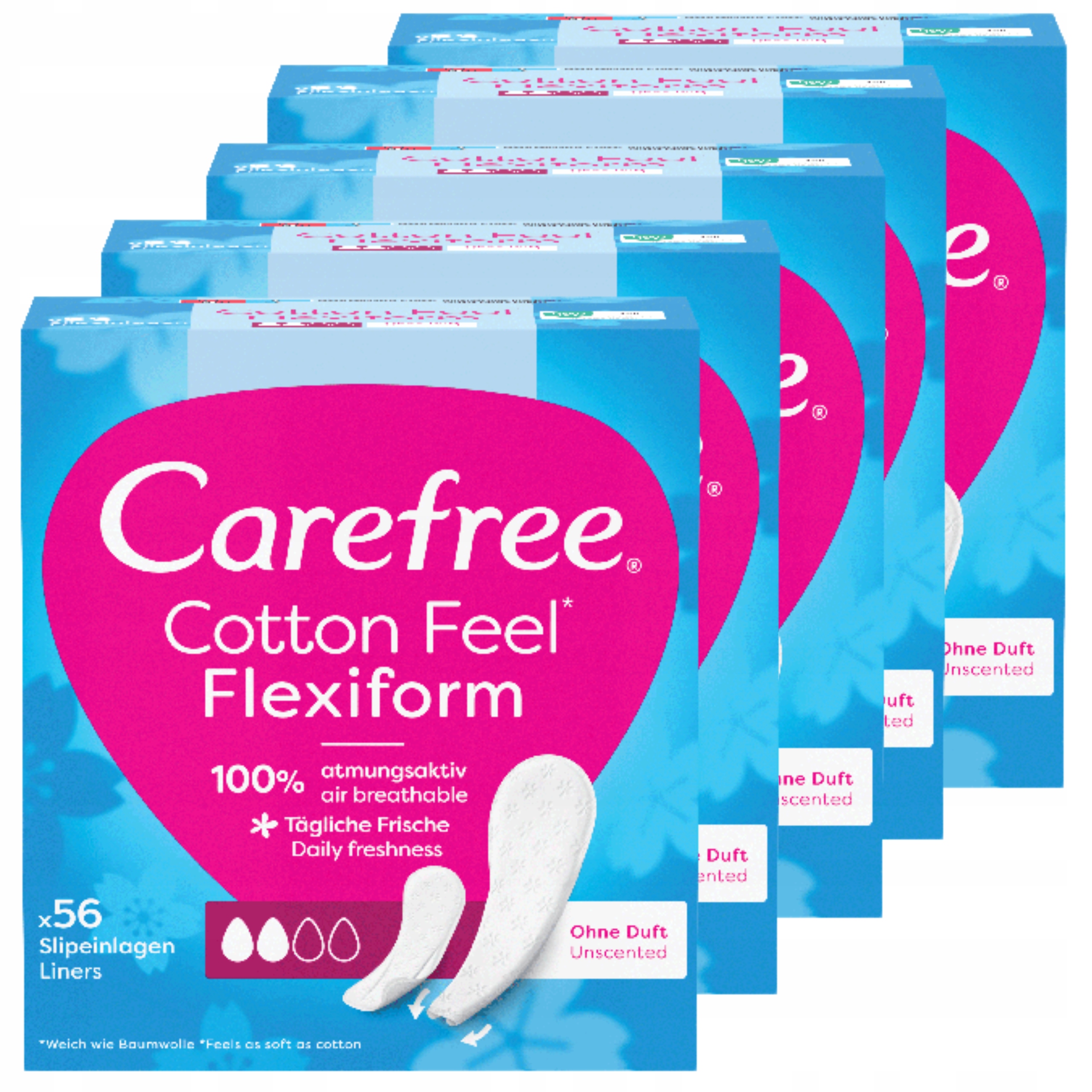 5x Carefree Cotton Flexiform Wkładki higieniczne bezzapachowe 56 sztuk