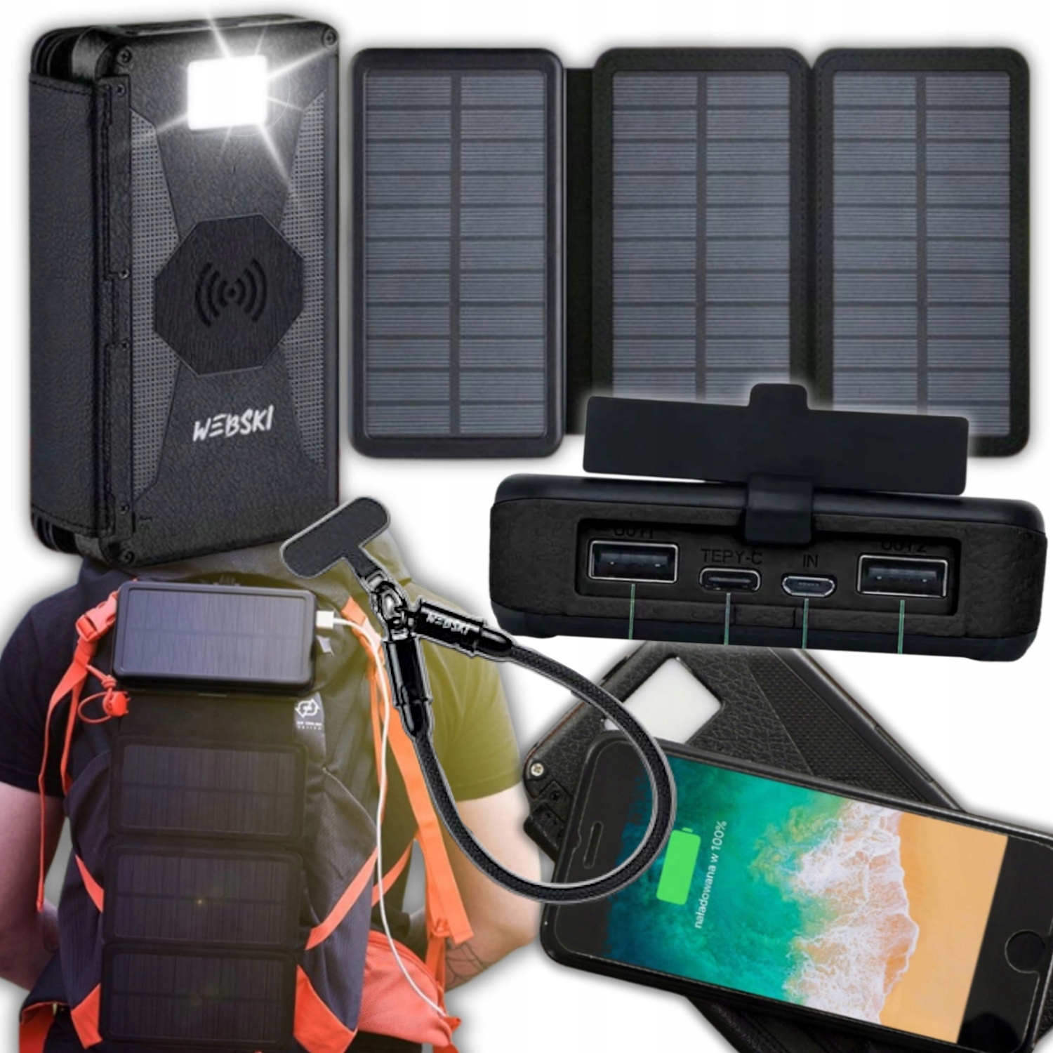 Solární Powerbanka Solar 16000 mAh Bezdrátová Solární Nabíječka Usb Kabel