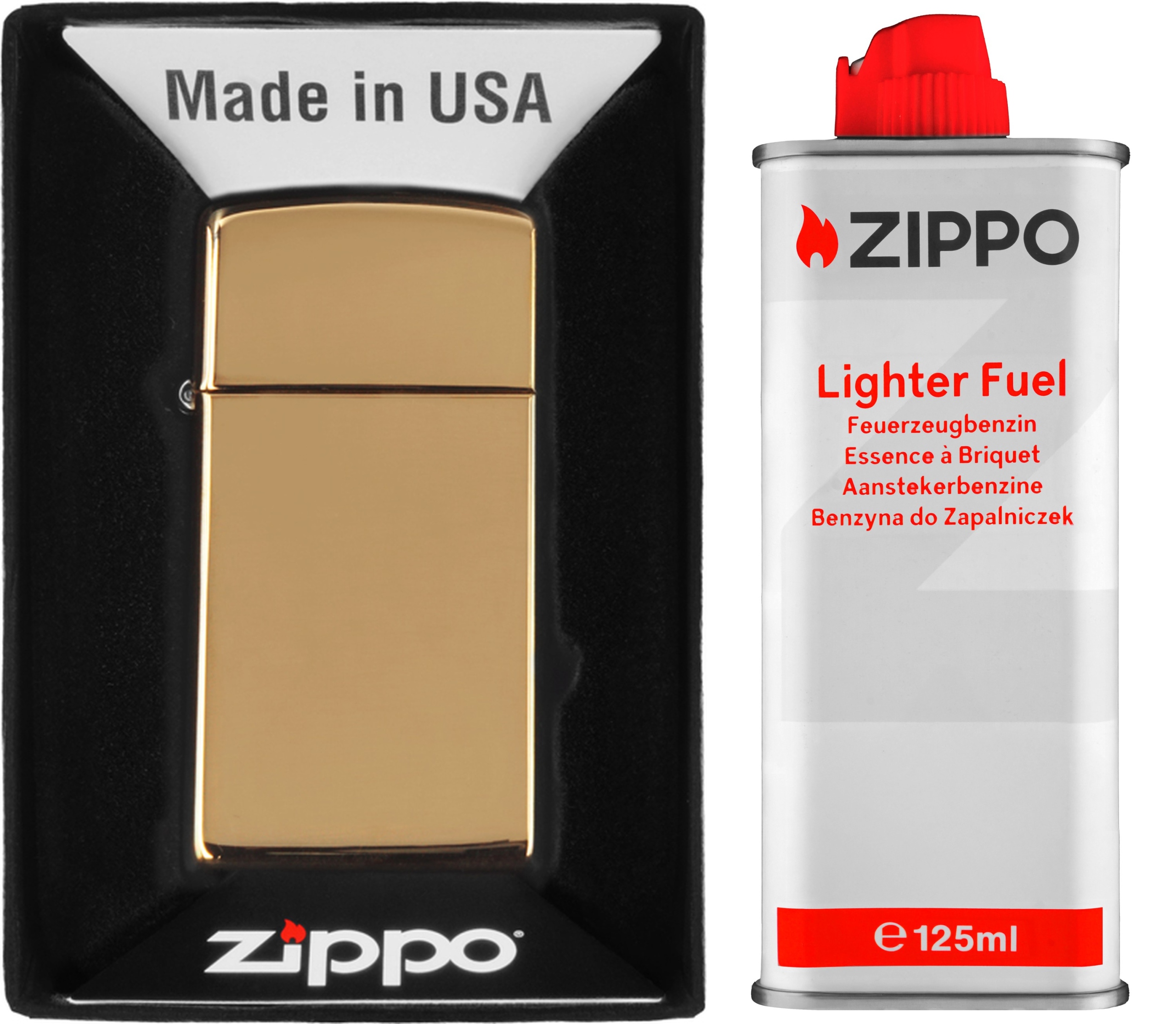 Sada Zippo Zapalovač Slim Brass High Polished Benzín 125 ml