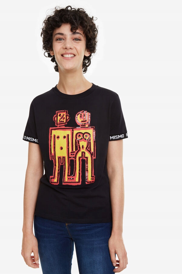 DESIGUAL T-SHIRT CZARNY PRINT CEKINY (L)