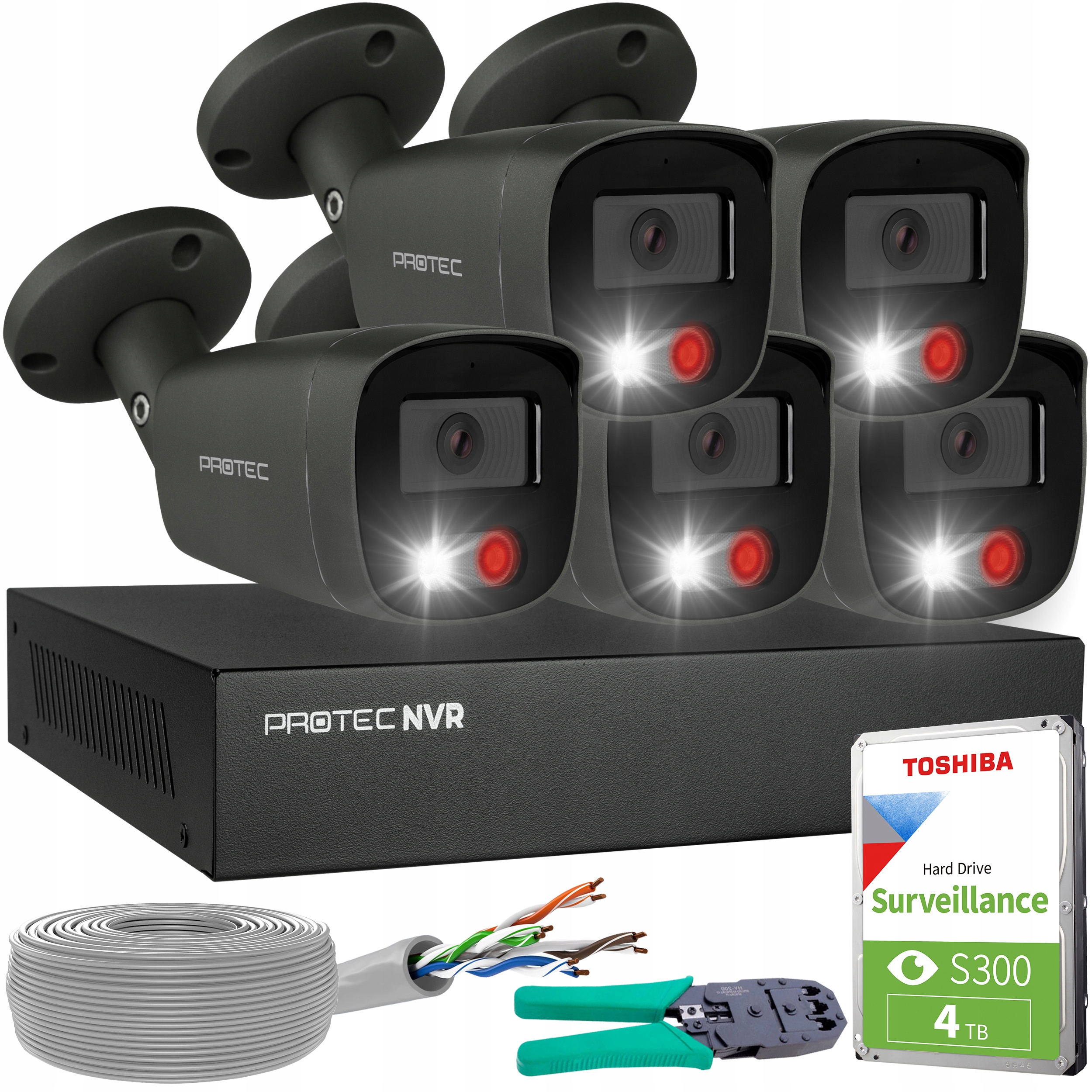 Monitorovací sada 5 kamer Ip PoE Full color detekce lidí 5Mpx Hdd grafit