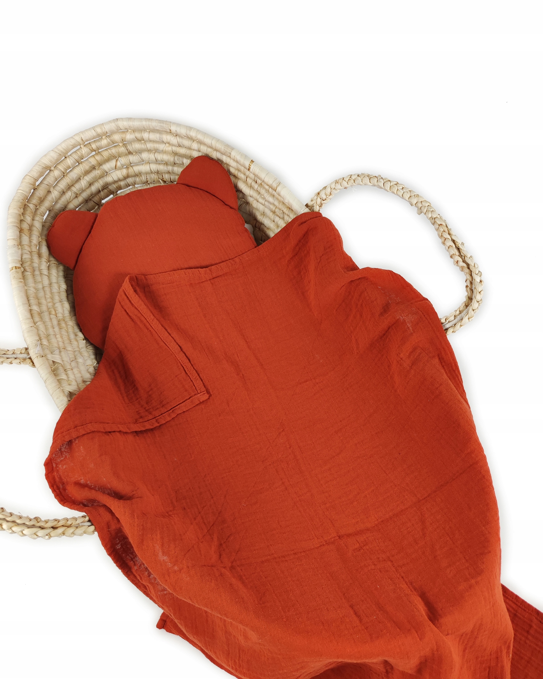 KOMPLET MUŚLINOWY PODUSZKA MIŚ I KOCYK CEGLANY