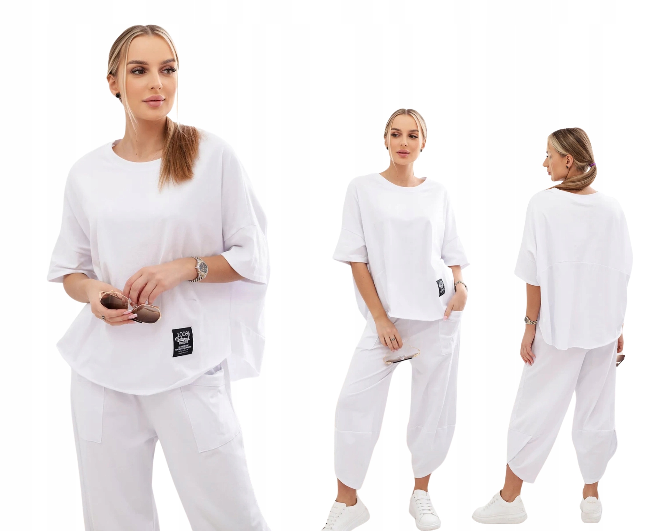 Bílý bavlněný dámský komplet: oversize halenka a kalhoty