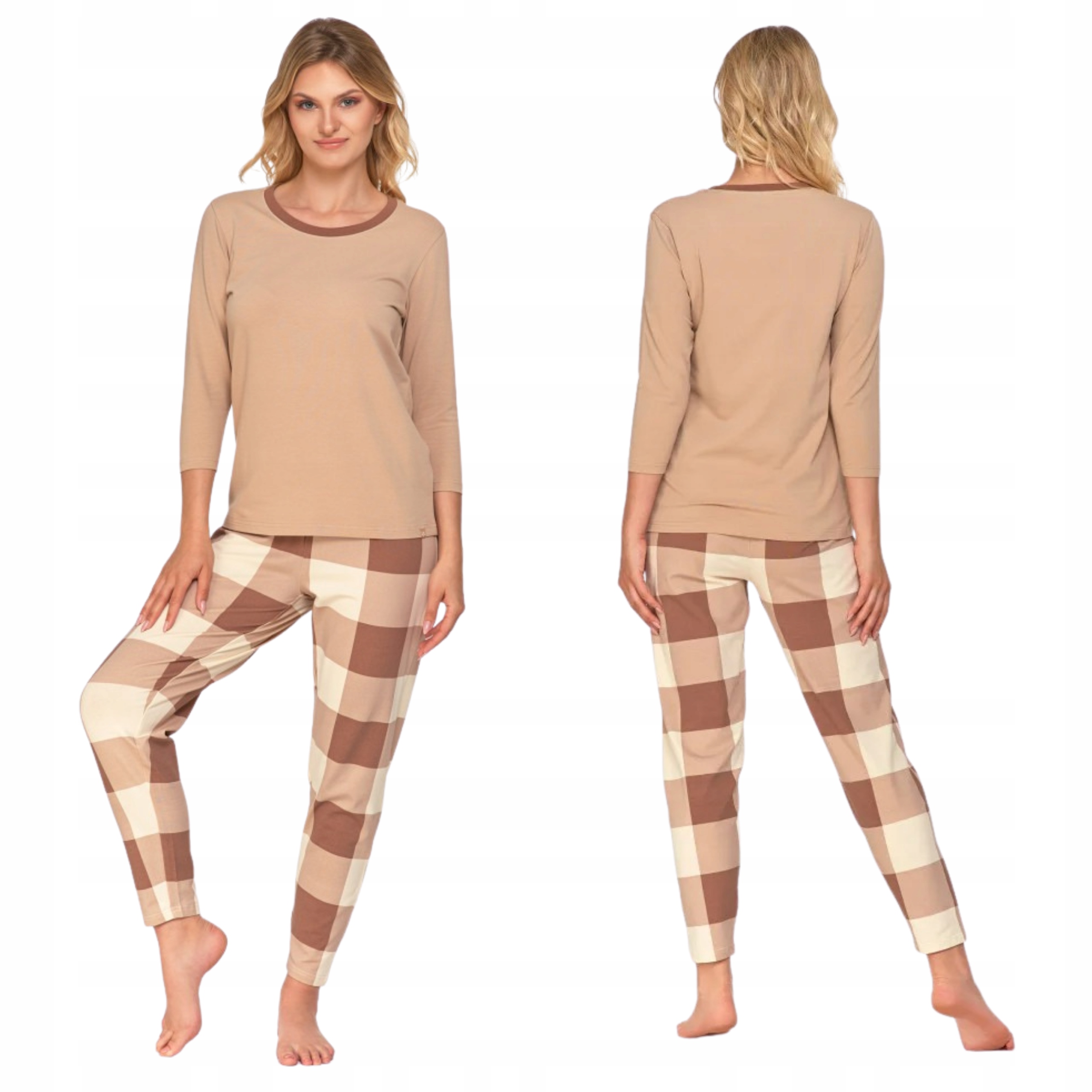 Piżama Damska Beżowa Spodnie W Kratę Bawełna Komplet Moraj XL
