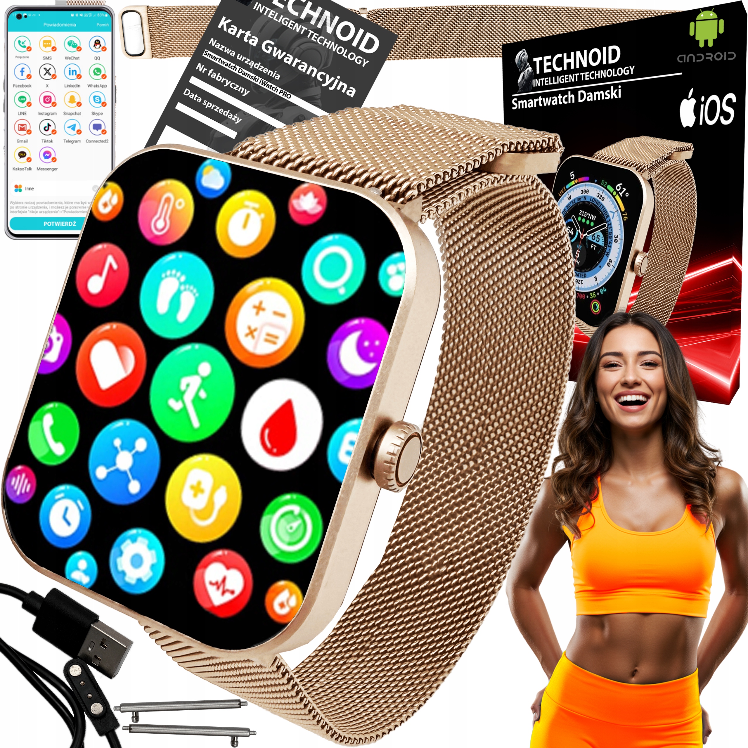 ZEGAREK SMARTWATCH DAMSKI ZŁOTY FIT TRYBY SPORTOWE IOS ANDROID POLSKIE MENU