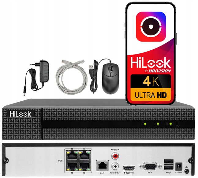 Ip rekordér Hikvision HiLook pro 4 kamery Poe 4K 8MPx NVR-4CH-5MP/4P Apka