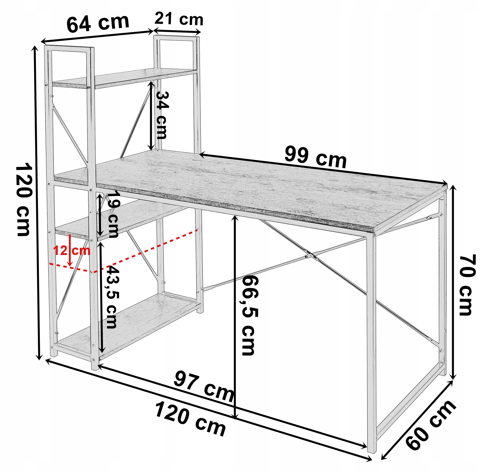 BIURKO KOMPUTEROWE METALOWE LOFTOWE INDUSTRIALNE Z REGAŁEM PÓŁKAMI Kolekcja Trosa