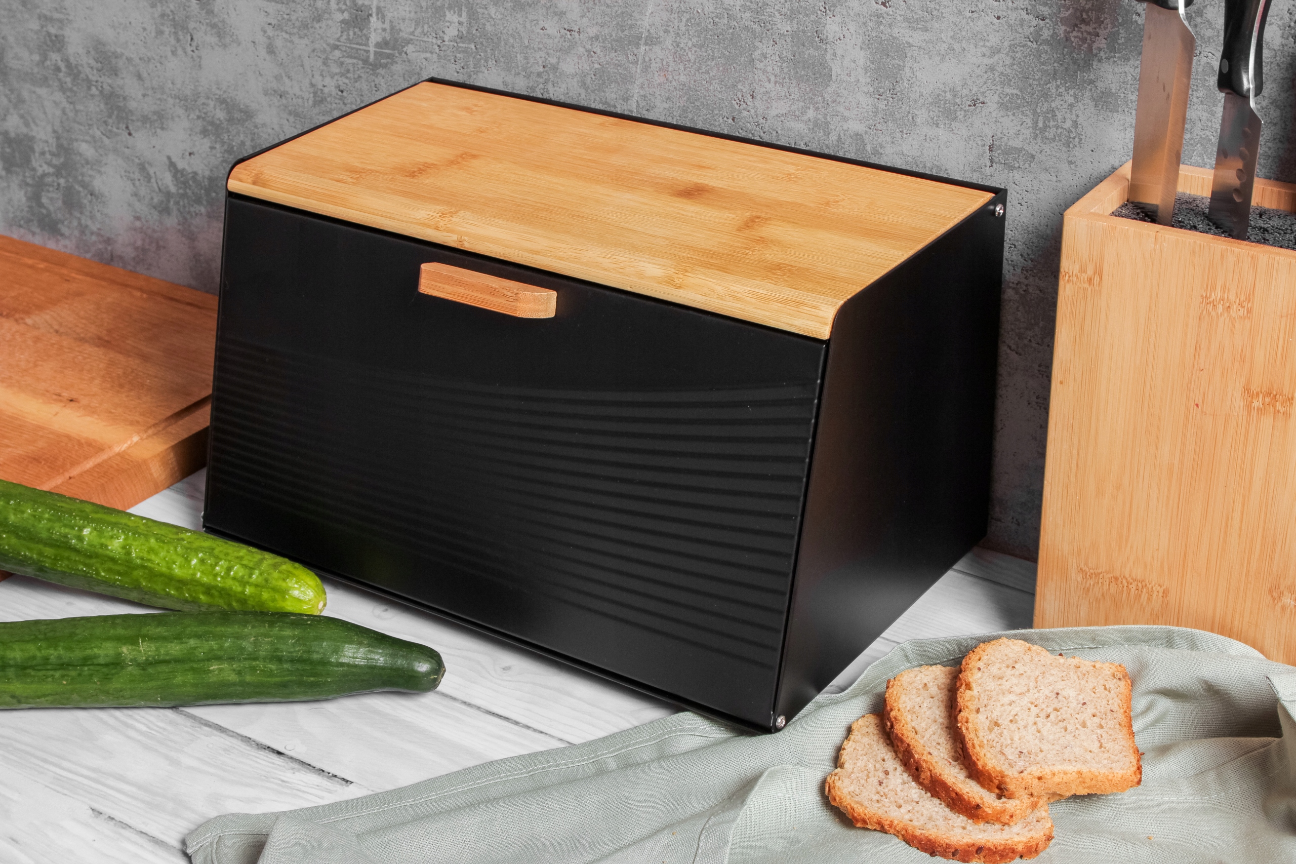 POJEMNIK NA CHLEB BUŁKI PIECZYWO METALOWY CHLEBAK CZARNY BAMBUS + SZPATUŁKA Kod producenta 2749