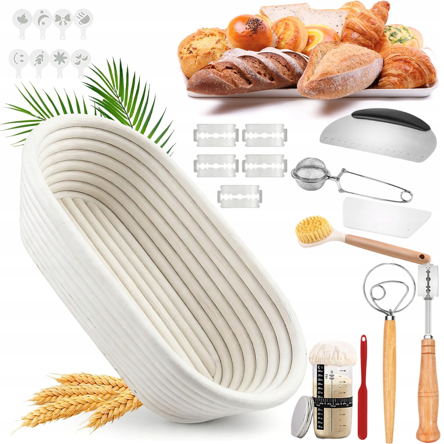 Košík Forma Na Kynutí Chleba Garování Těsta 25 CM Nůž Na Zdobení
