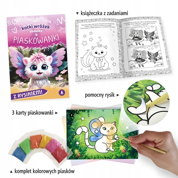 PIASKOWE OBRAZKI KOLOROWANKI PIASKOWE Kotki wróżek Zadanka + piaskowanki ISBN 9788382079654