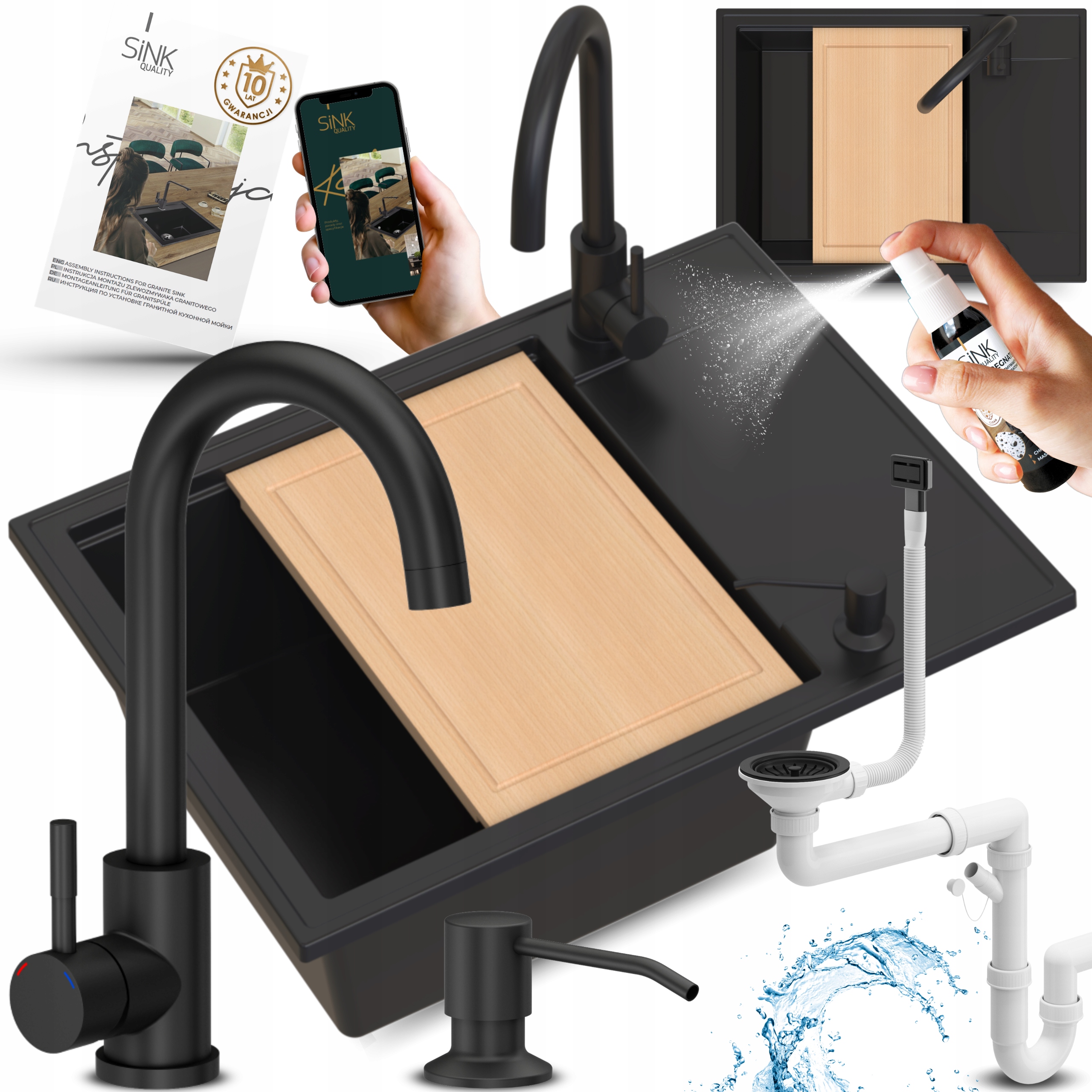 Granitový Jednokomorový Drez Čierny S Krátkym Odkvapkávačom Doska 10v1